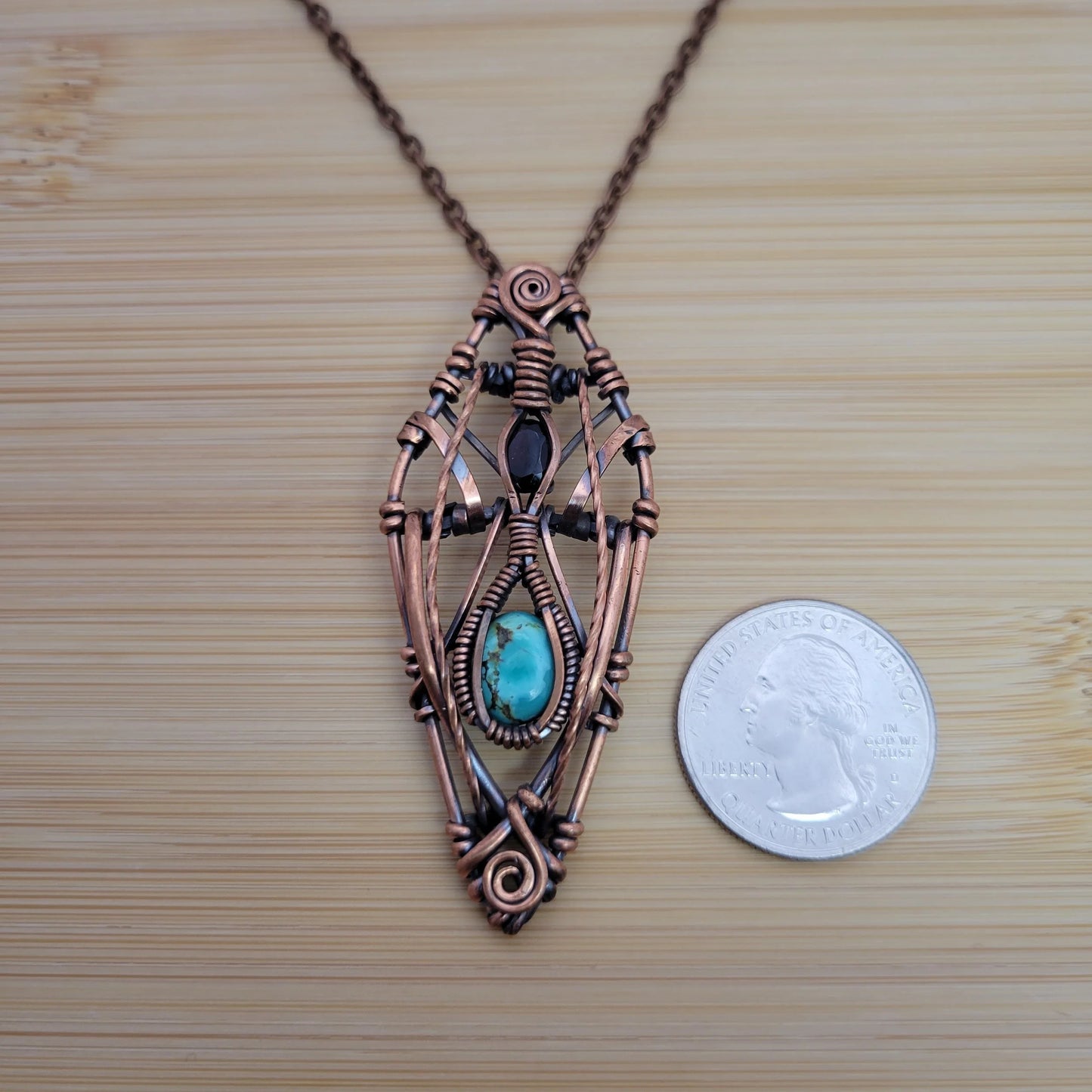 Handcrafted Garnet and Turquoise Copper Pendant Necklace — product image 9