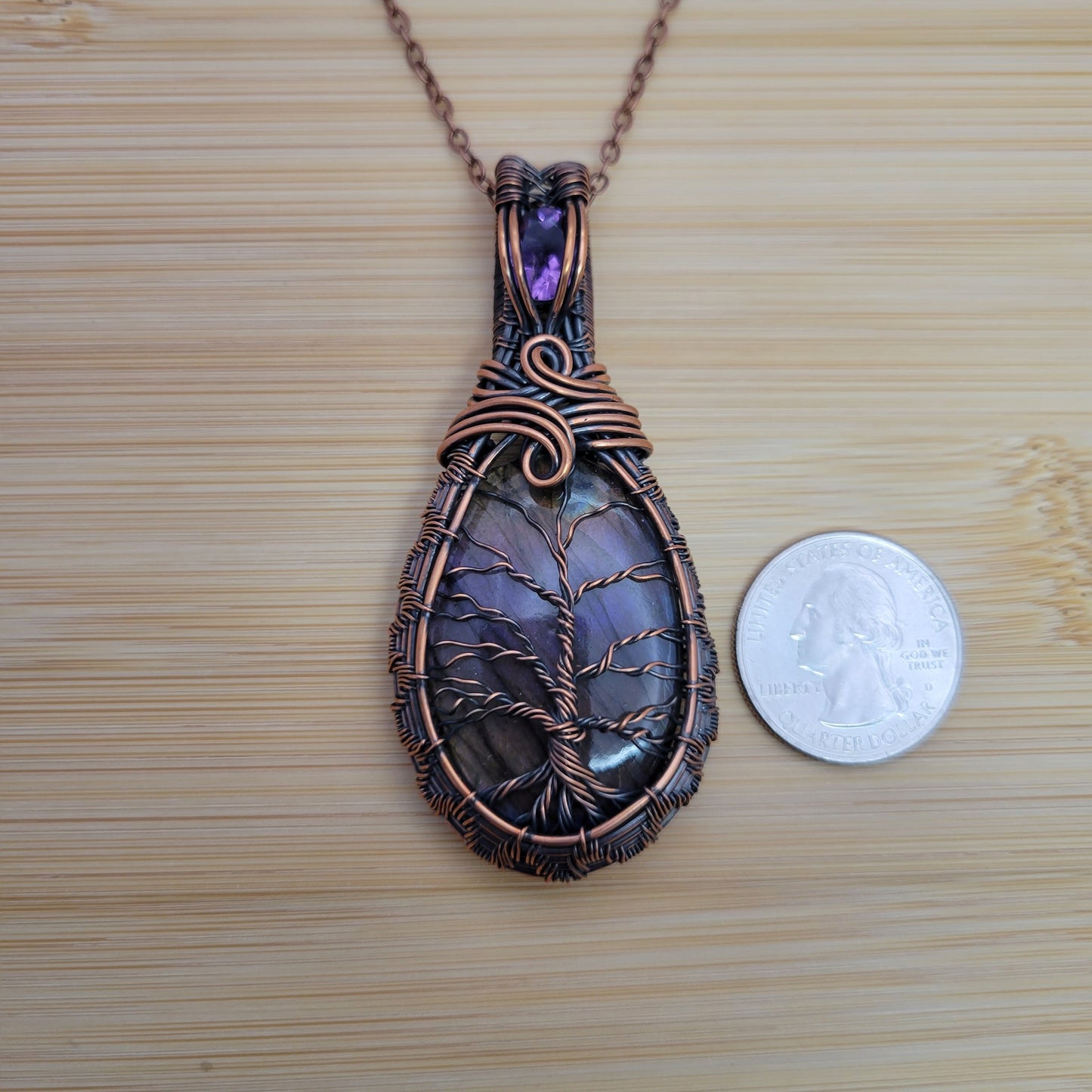 Handcrafted Labradorite and Amethyst Copper Tree of Life Pendant Necklace — product image 11