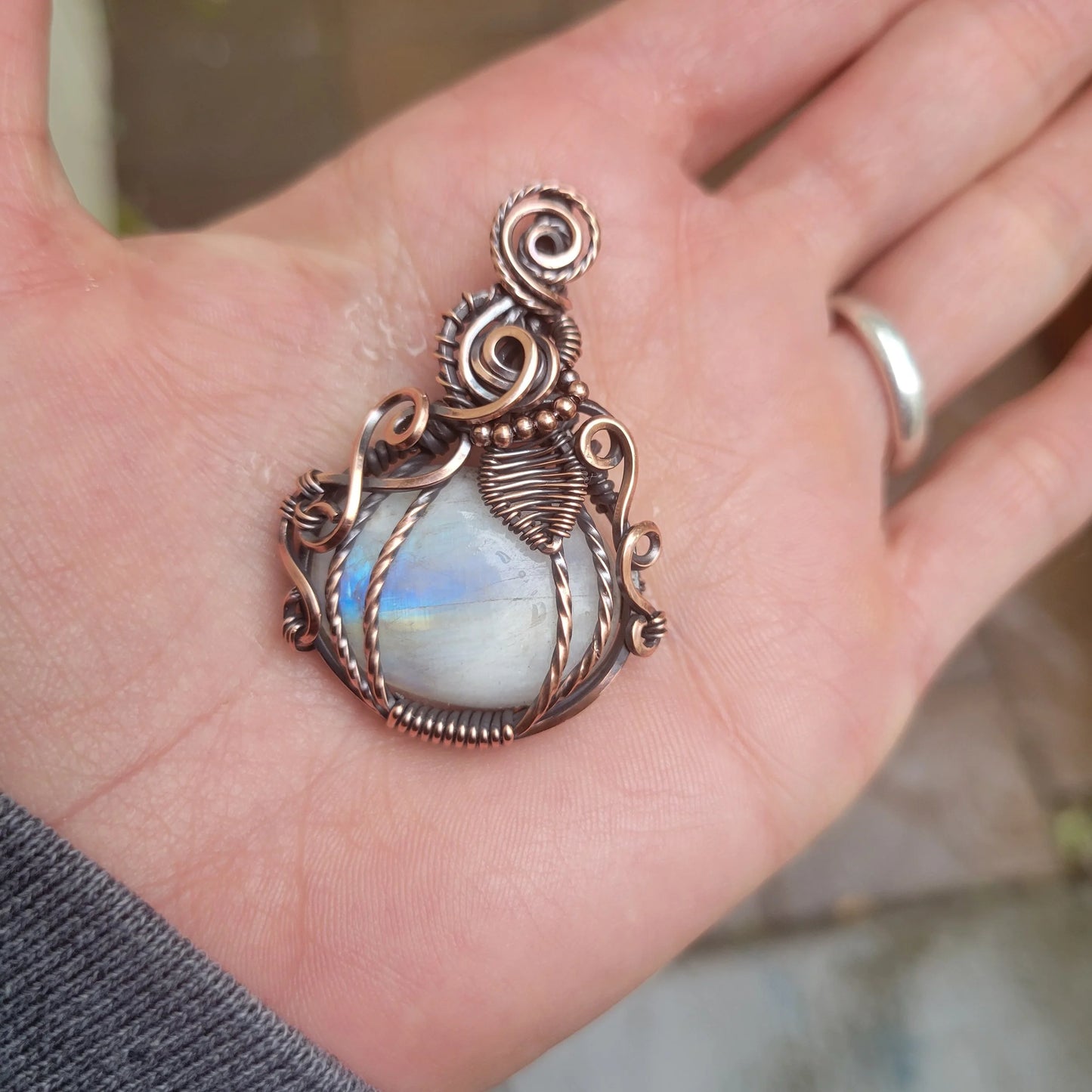 Handcrafted Rainbow Moonstone and Moonstone Pendant Necklace — front view