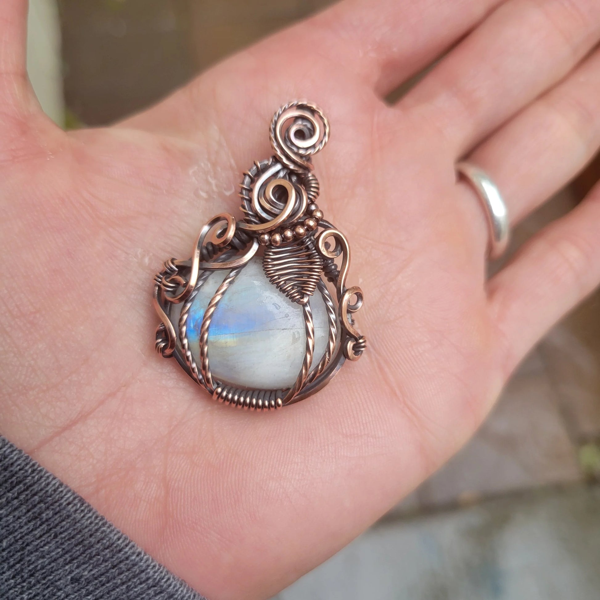 Handcrafted Rainbow Moonstone and Moonstone Pendant Necklace — front view