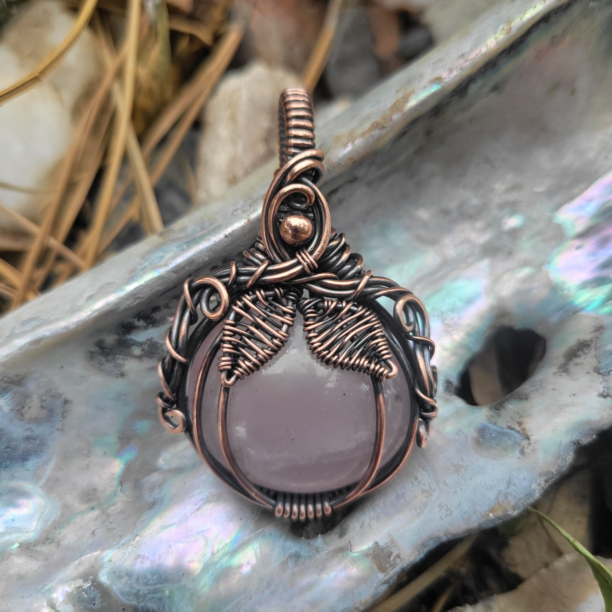 Handcrafted Rose Quartz Oxidized Copper Pumpkin Pendant Necklace — detail view