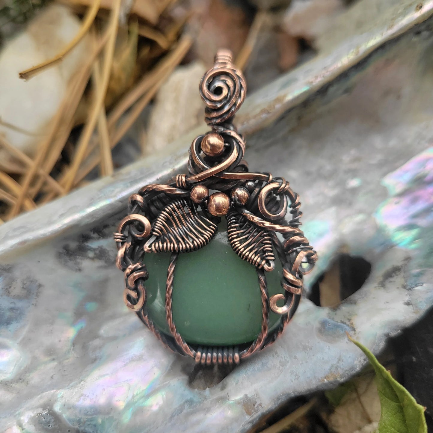 Handcrafted Green Aventurine Oxidized Copper Pumpkin Pendant Necklace — product image 8