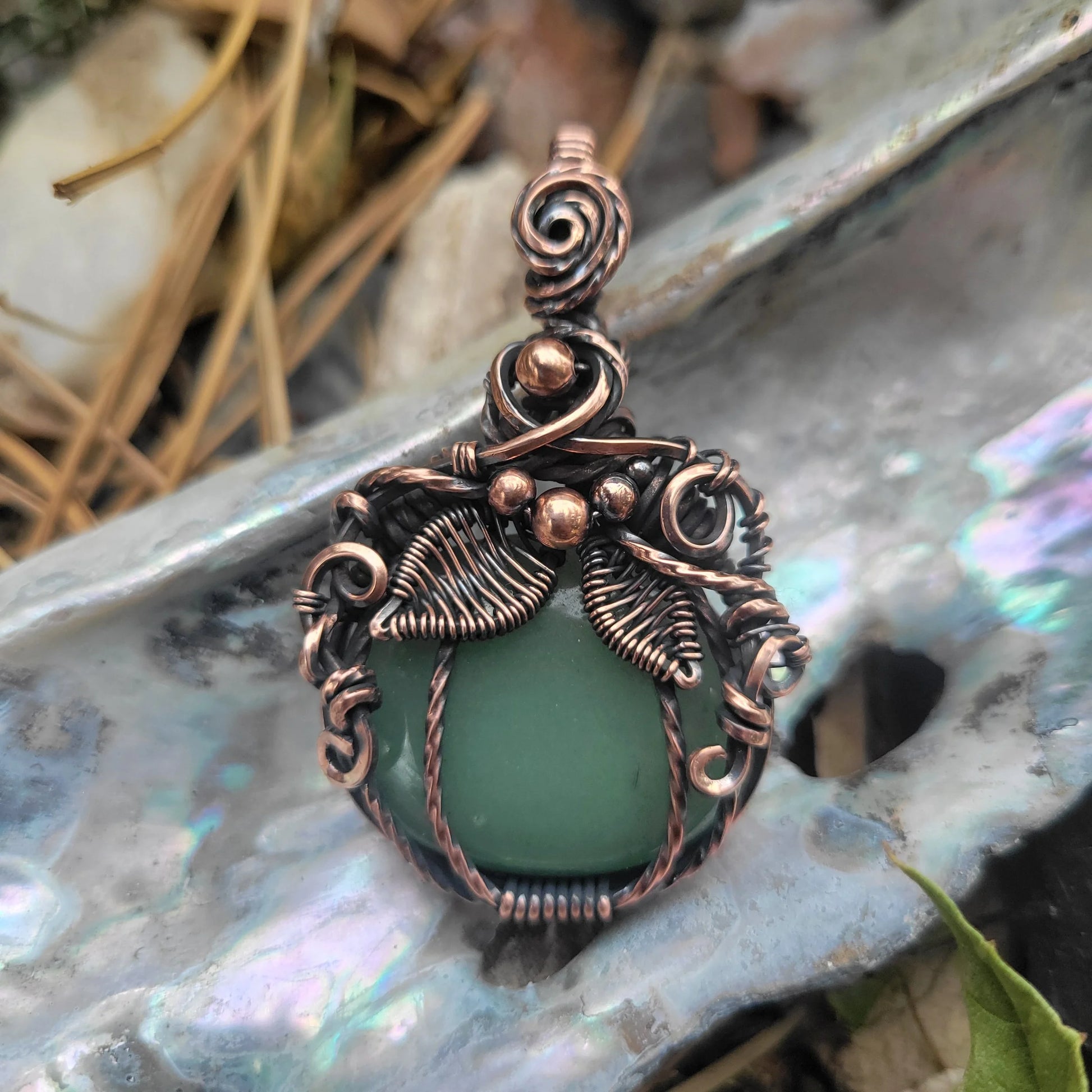 Handcrafted Green Aventurine Oxidized Copper Pumpkin Pendant Necklace — detail view