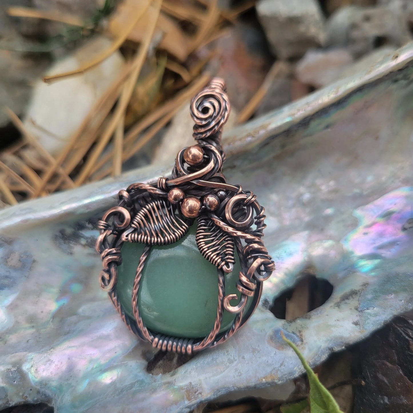 Handcrafted Green Aventurine Oxidized Copper Pumpkin Pendant Necklace — product image 6