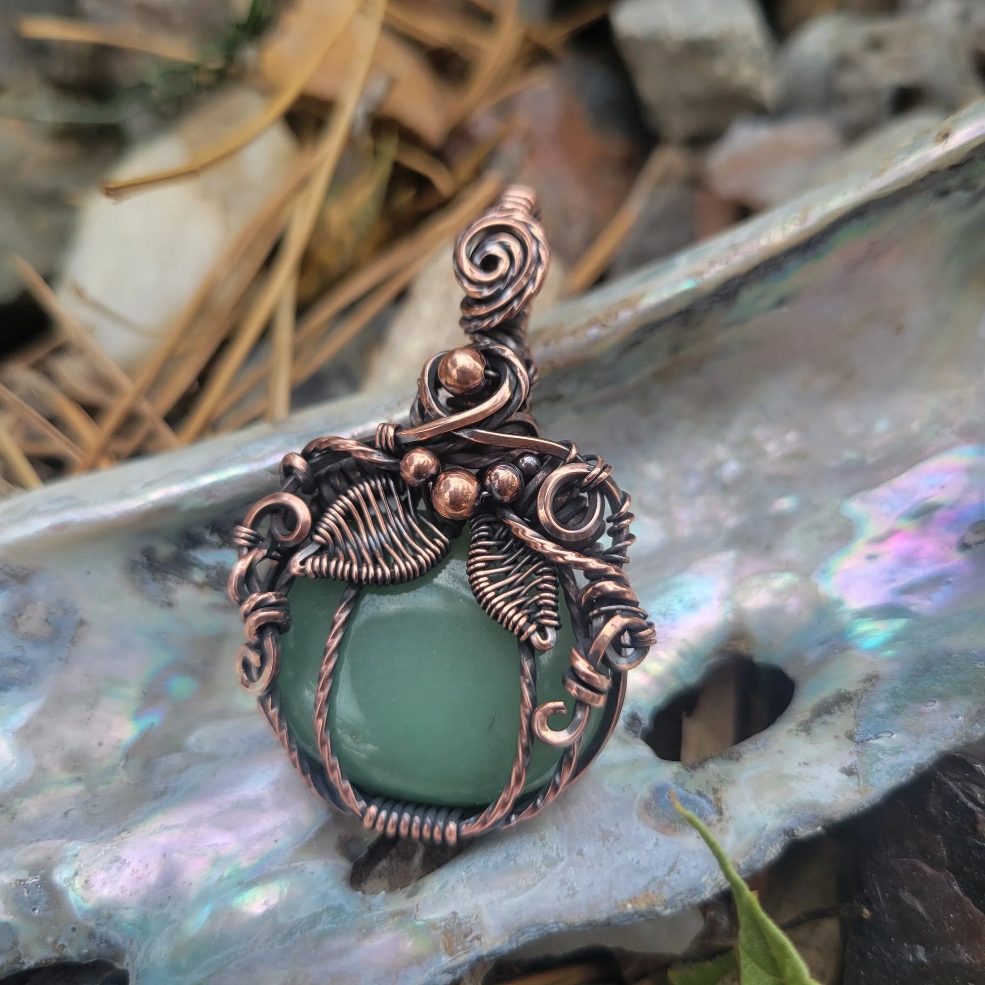 Handcrafted Green Aventurine Oxidized Copper Pumpkin Pendant Necklace — product image 6