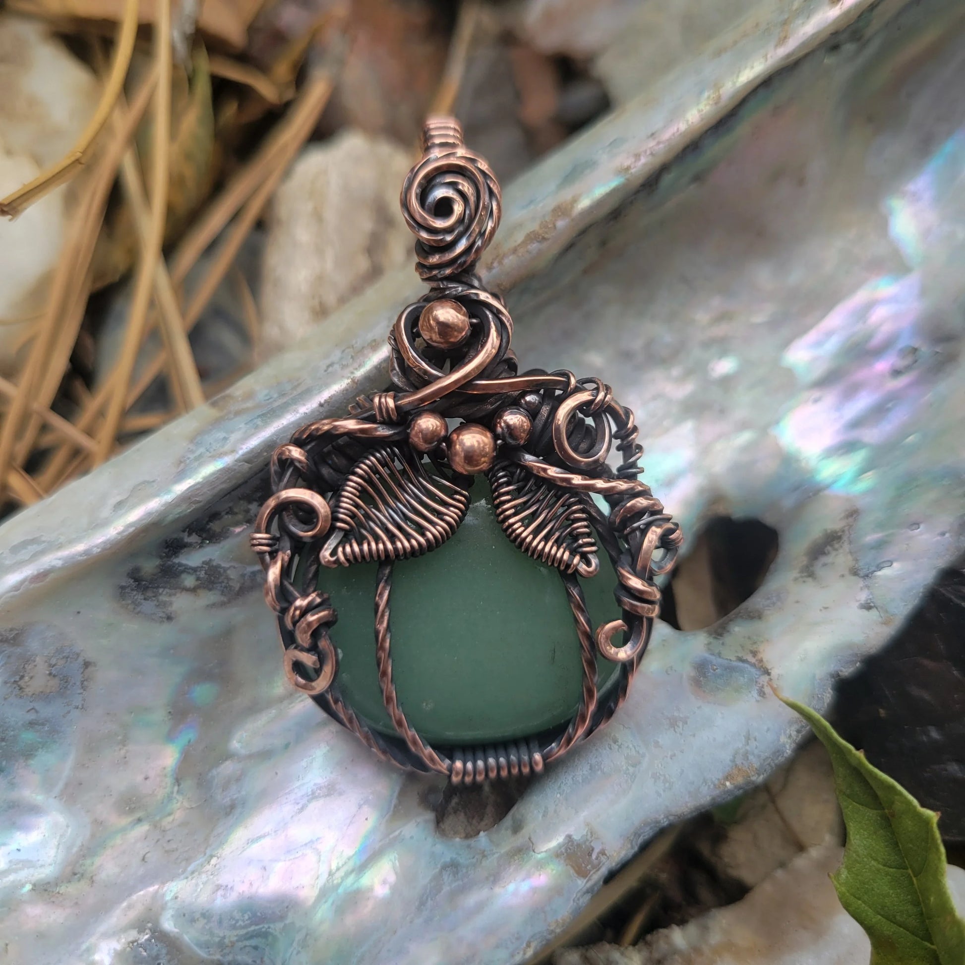 Handcrafted Green Aventurine Oxidized Copper Pumpkin Pendant Necklace — close-up