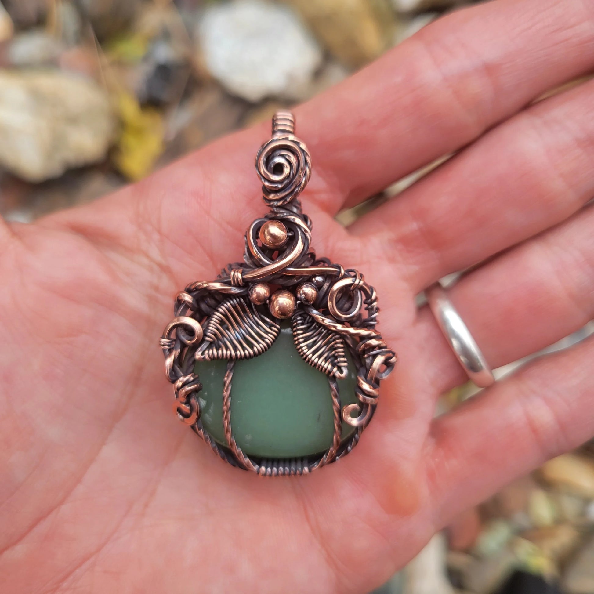 Handcrafted Green Aventurine Oxidized Copper Pumpkin Pendant Necklace — reverse view