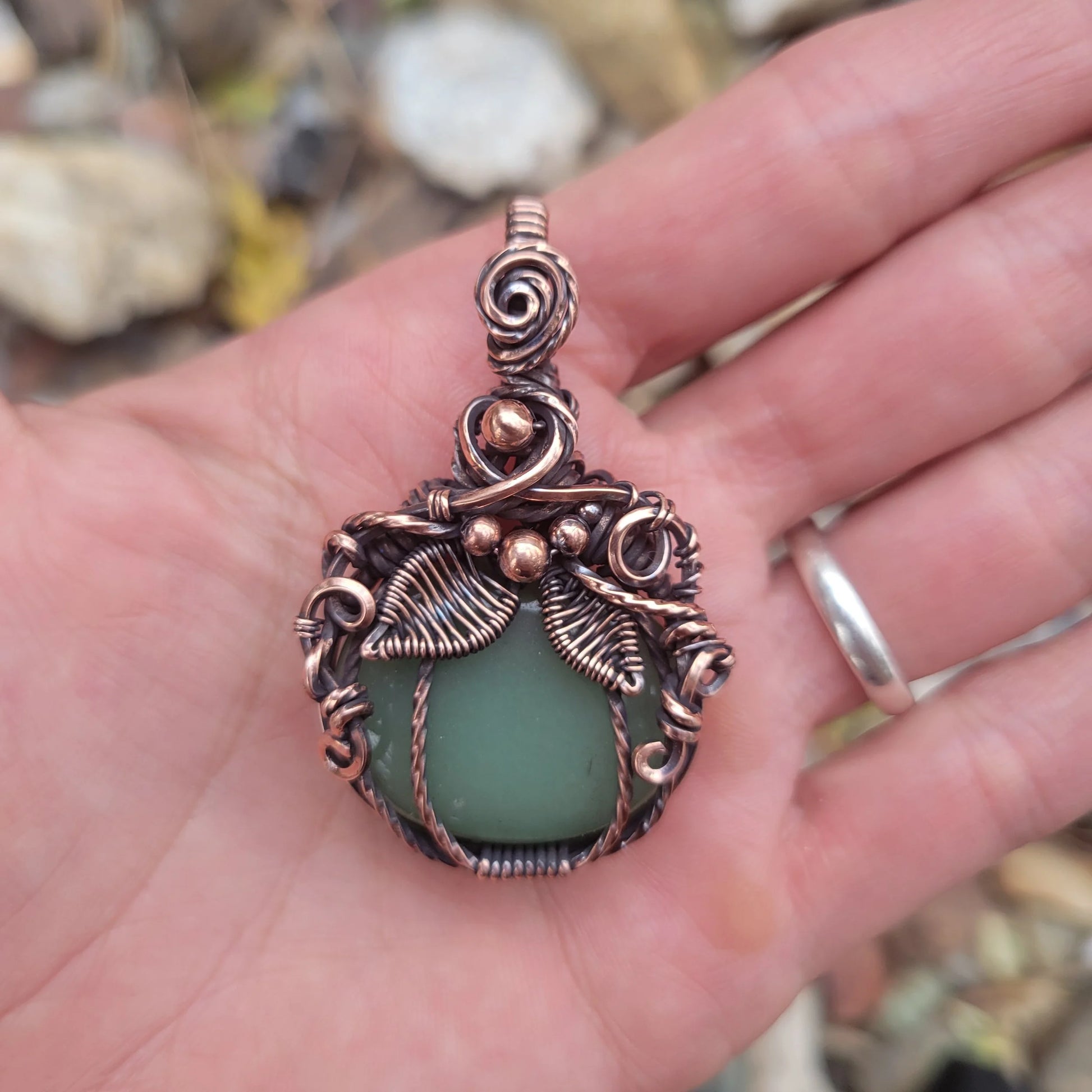 Handcrafted Green Aventurine Oxidized Copper Pumpkin Pendant Necklace — front view
