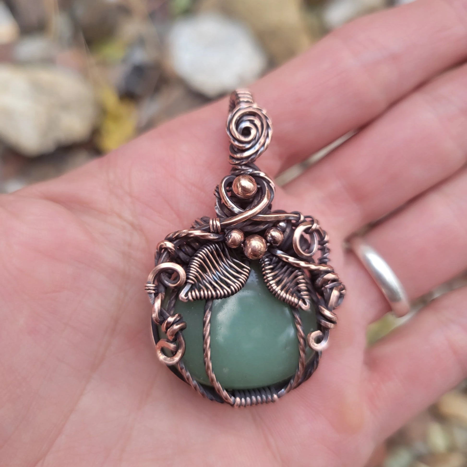Handcrafted Green Aventurine Oxidized Copper Pumpkin Pendant Necklace — side view