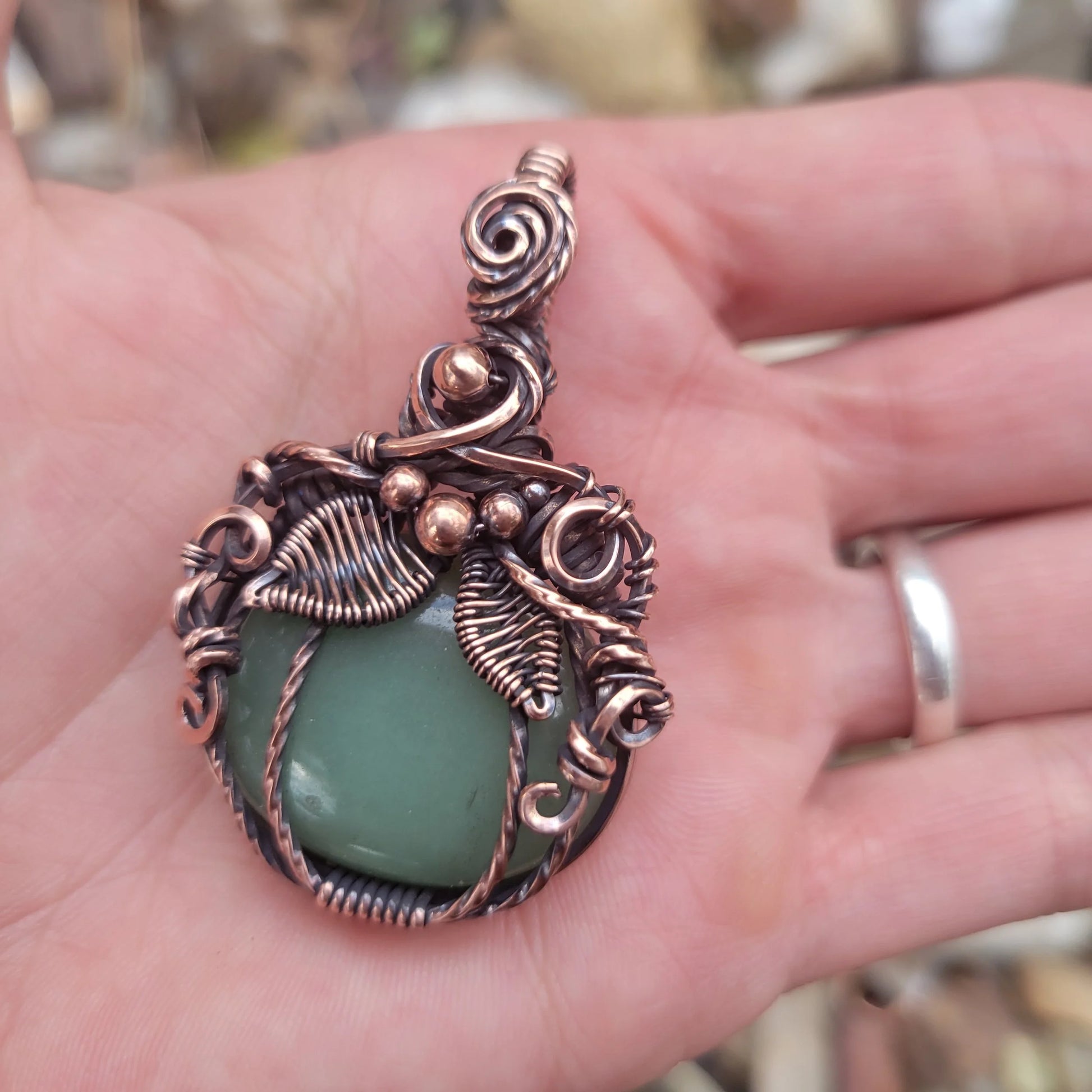 Handcrafted Green Aventurine Oxidized Copper Pumpkin Pendant Necklace — product image 9