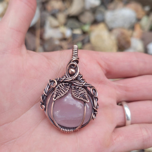 Handcrafted Rose Quartz Oxidized Copper Pumpkin Pendant Necklace — front view