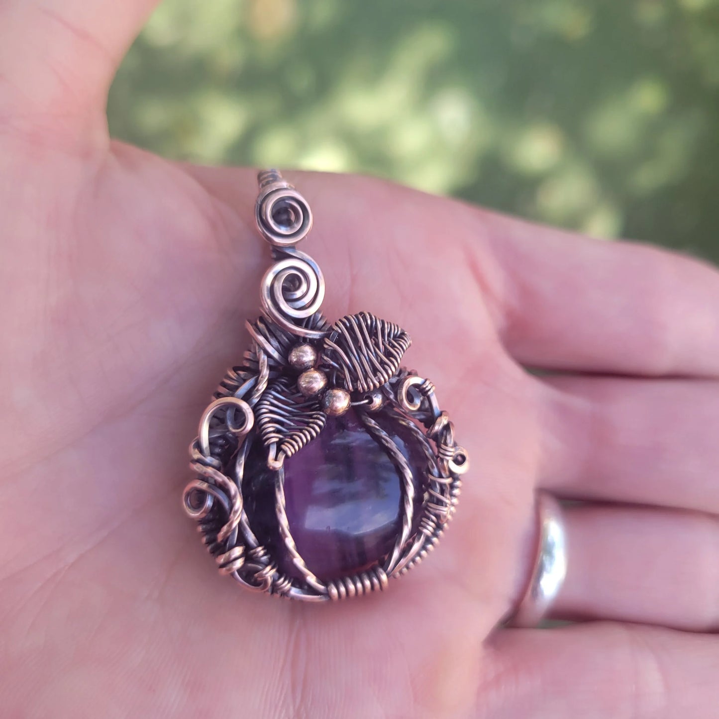 Handcrafted Purple Fluorite Oxidized Copper Pumpkin Pendant Necklace — product image 9