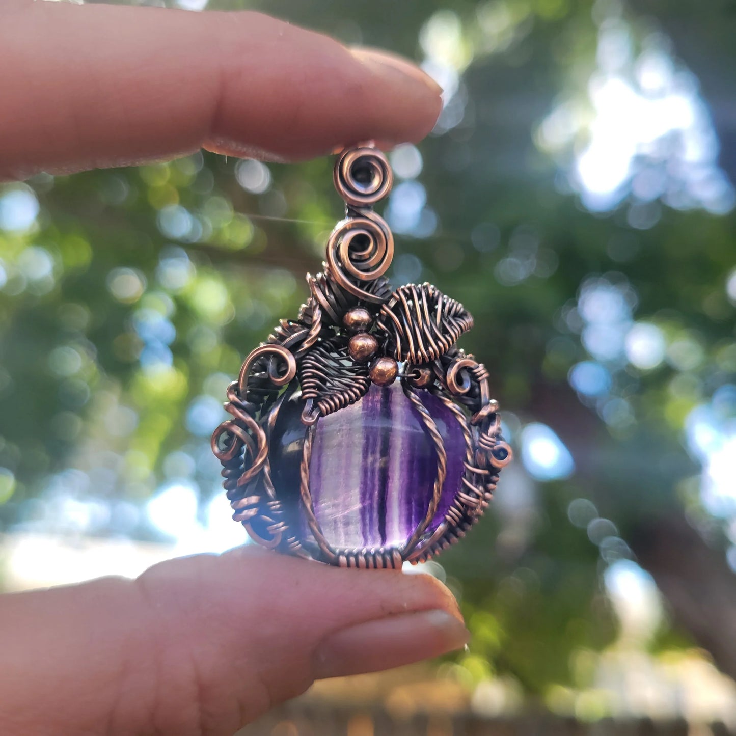 Handcrafted Purple Fluorite Oxidized Copper Pumpkin Pendant Necklace — product image 8