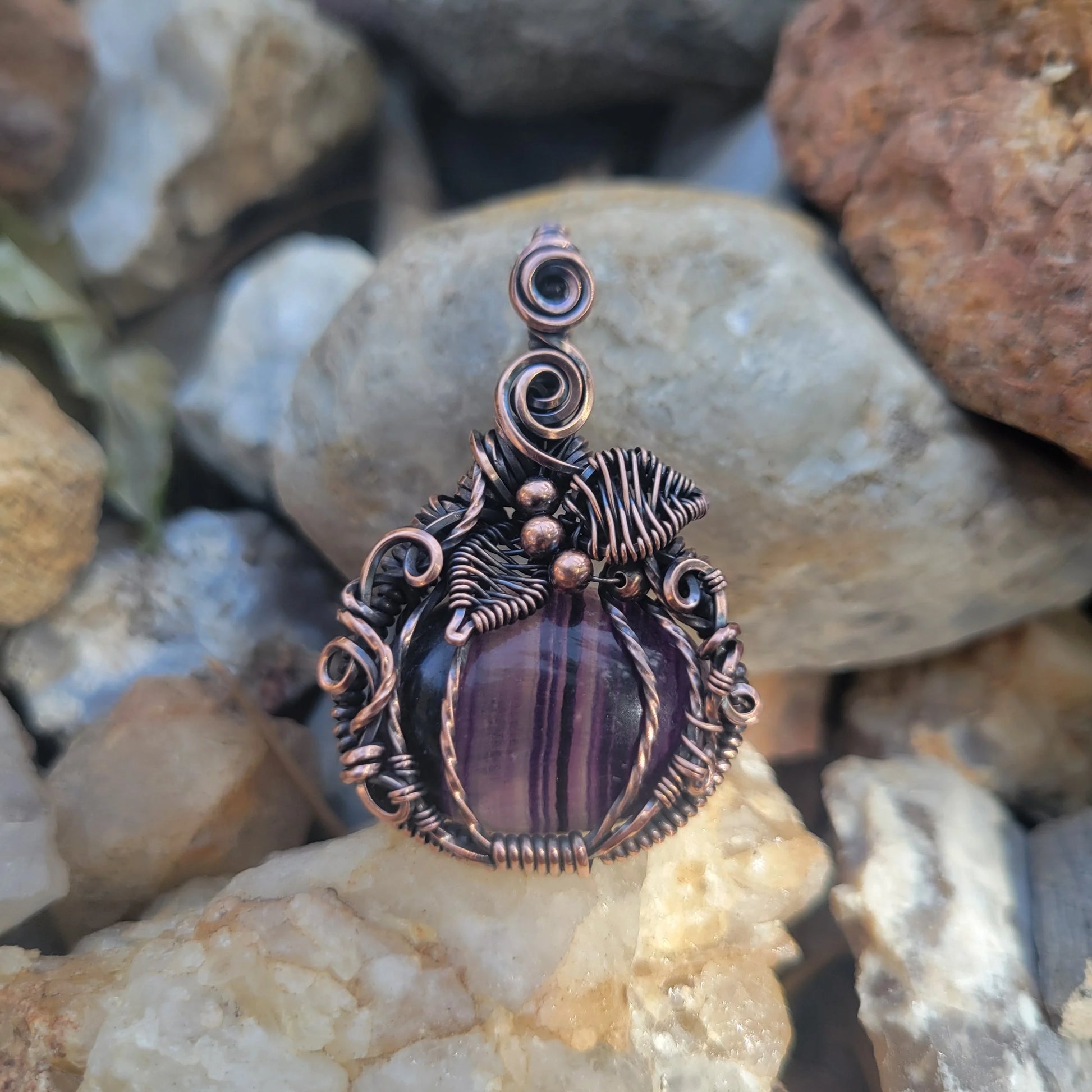 Handcrafted Purple Fluorite Oxidized Copper Pumpkin Pendant Necklace — product image 10