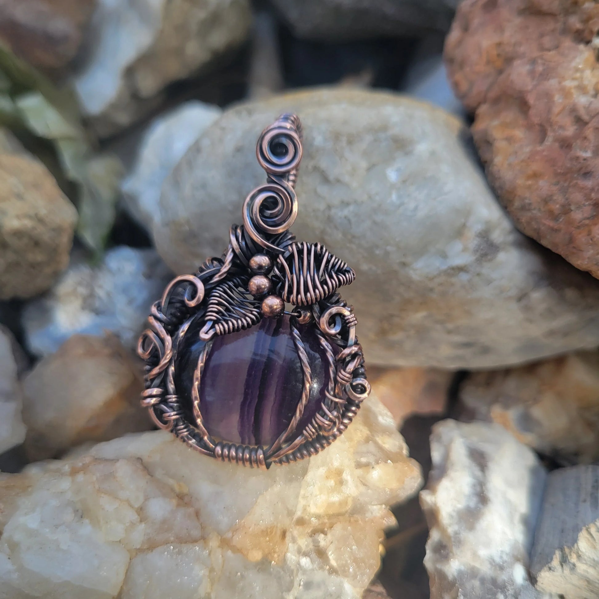 Handcrafted Purple Fluorite Oxidized Copper Pumpkin Pendant Necklace — product image 7
