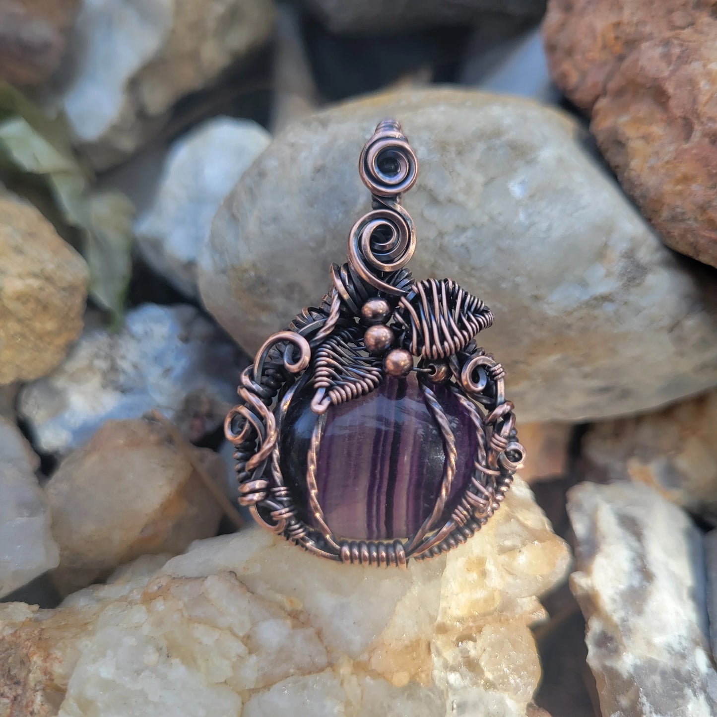 Handcrafted Purple Fluorite Oxidized Copper Pumpkin Pendant Necklace — front view