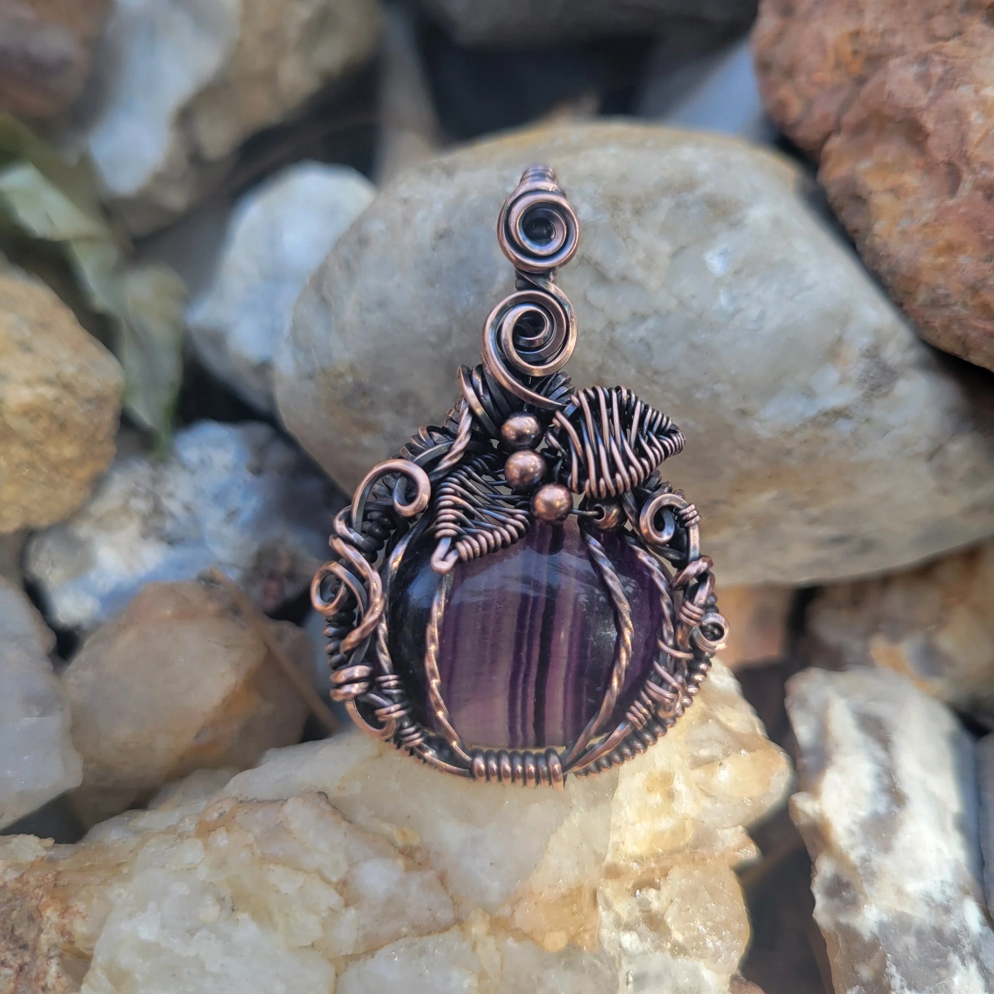 Handcrafted Purple Fluorite Oxidized Copper Pumpkin Pendant Necklace — front view