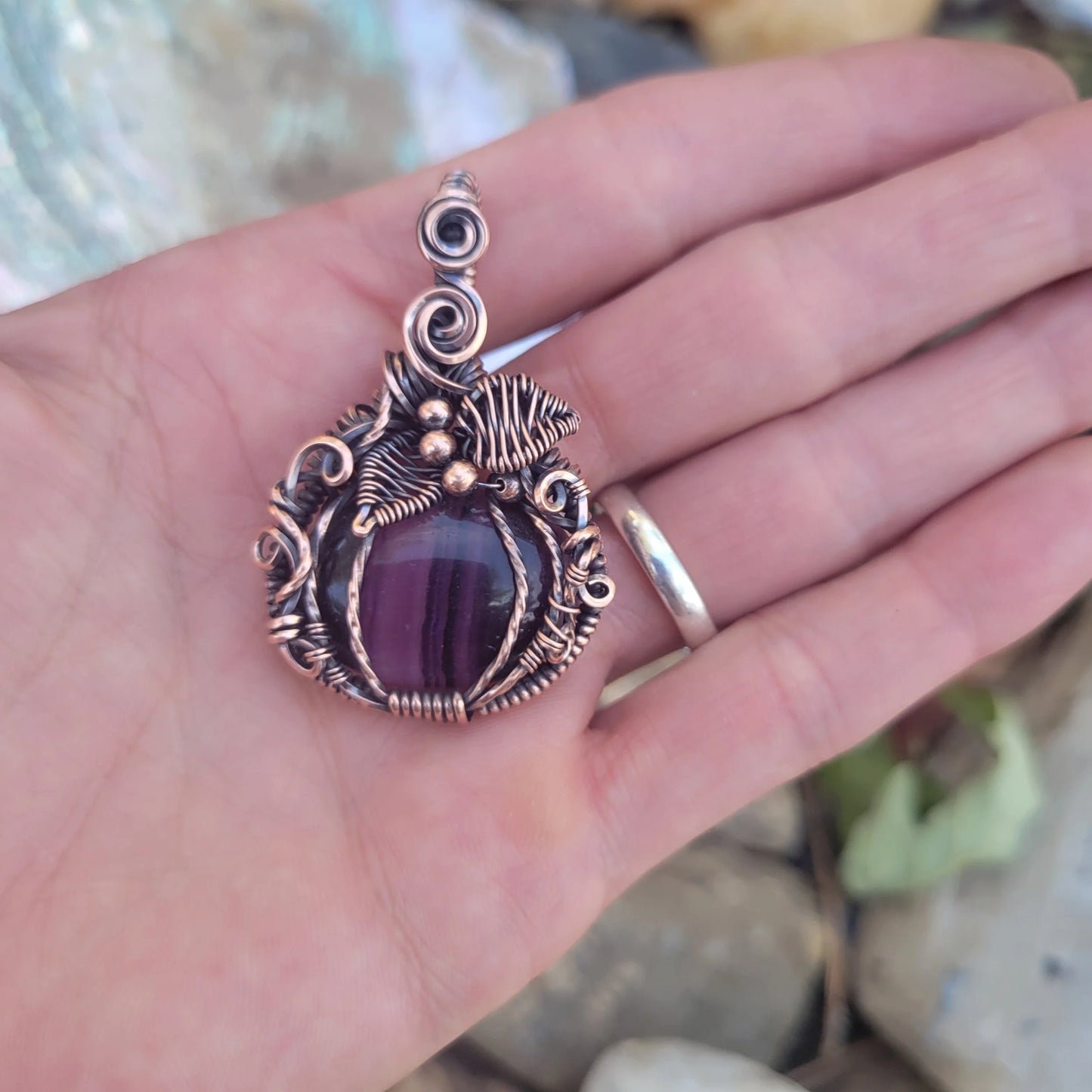 Handcrafted Purple Fluorite Oxidized Copper Pumpkin Pendant Necklace — product image 6