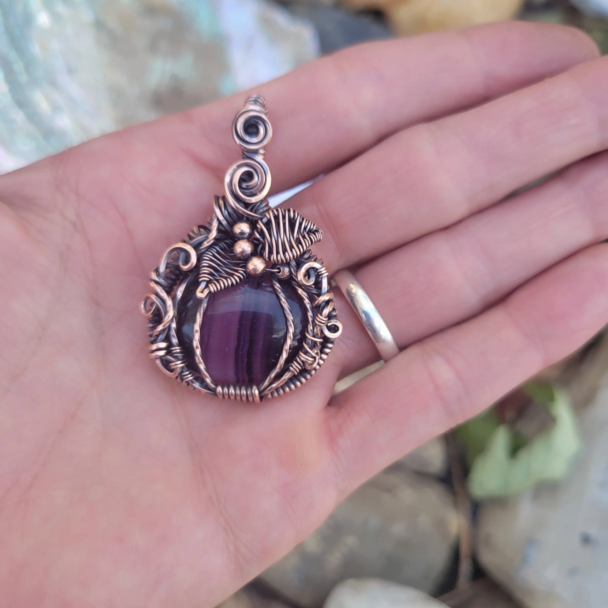 Handcrafted Purple Fluorite Oxidized Copper Pumpkin Pendant Necklace — product image 6
