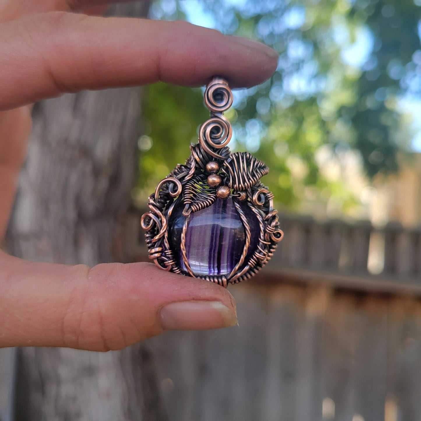 Handcrafted Purple Fluorite Oxidized Copper Pumpkin Pendant Necklace — product image 11