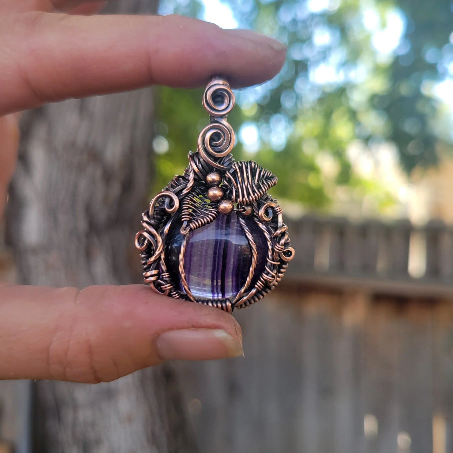 Handcrafted Purple Fluorite Oxidized Copper Pumpkin Pendant Necklace — detail view