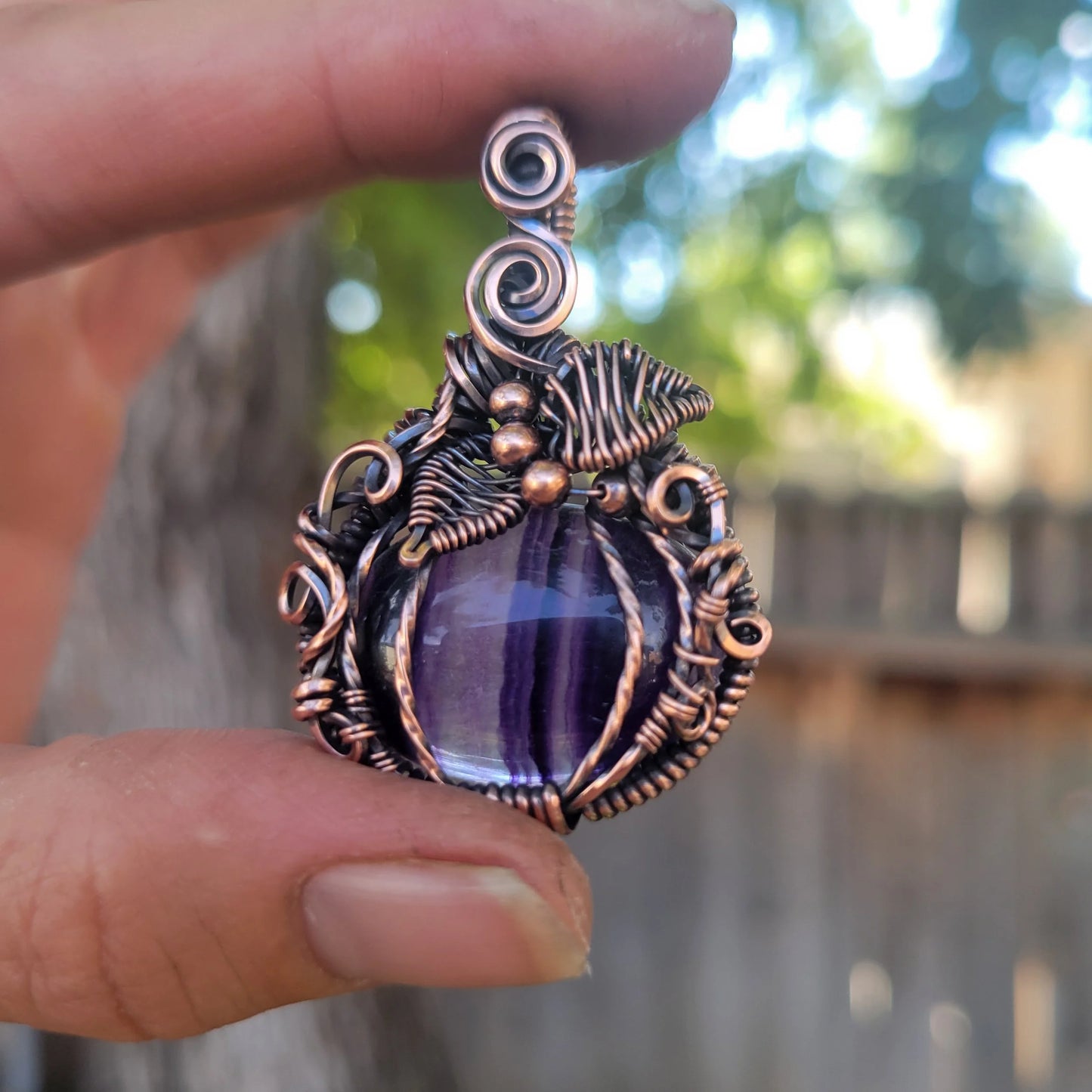 Handcrafted Purple Fluorite Oxidized Copper Pumpkin Pendant Necklace — reverse view