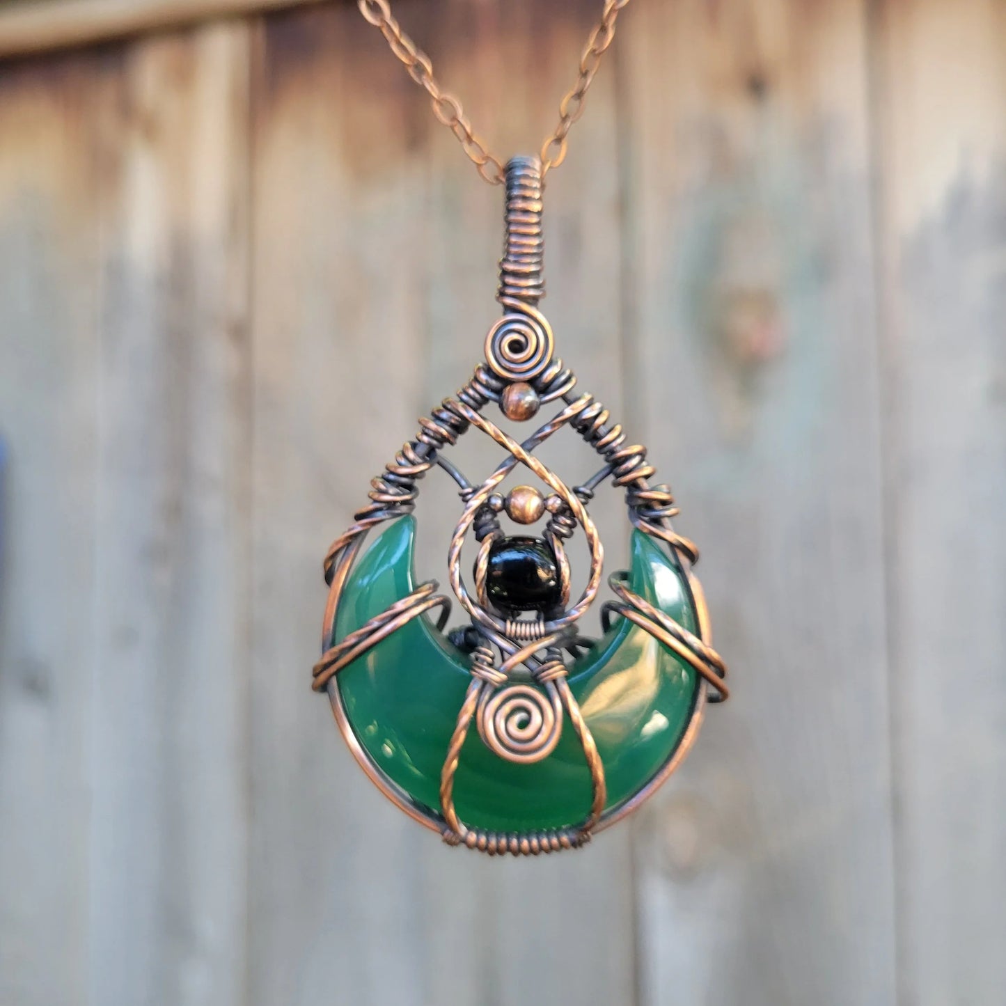 Handcrafted Black Onyx and Green Onyx Oxidized Copper Moon Pendant Necklace — product image 8