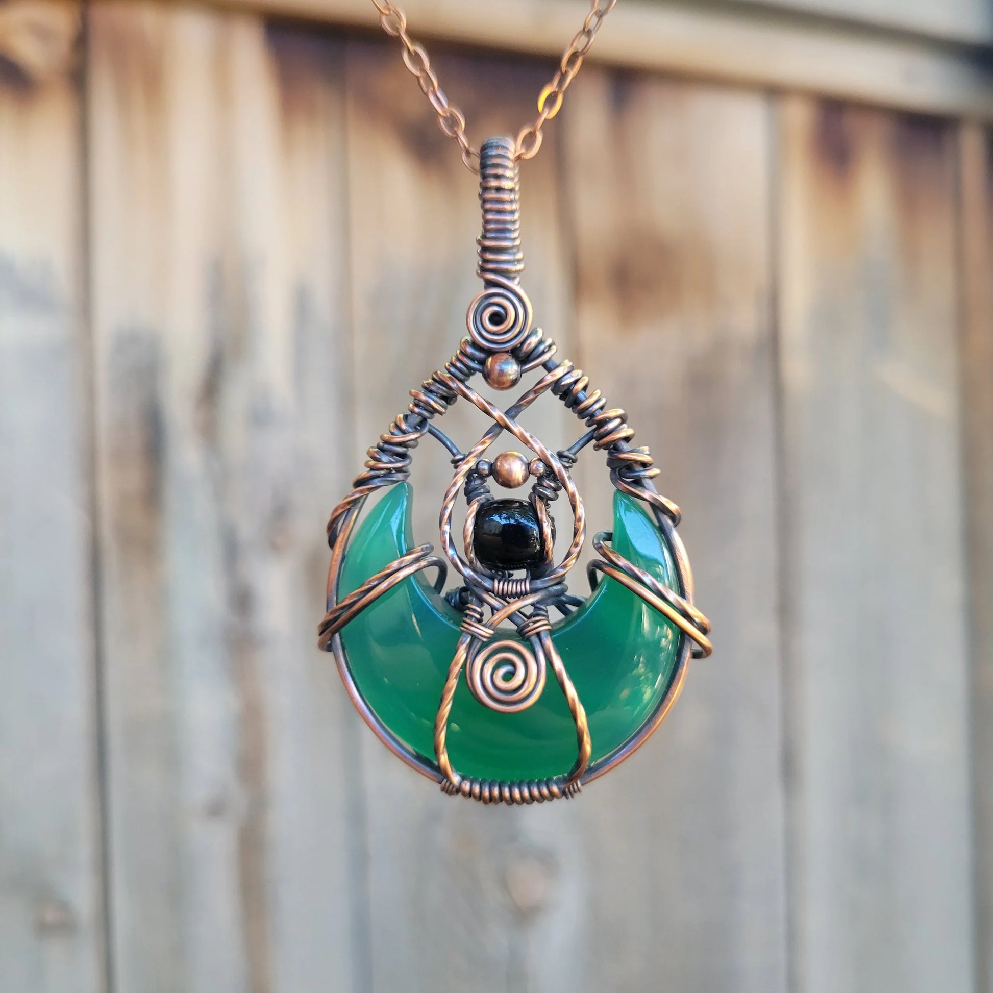 Handcrafted Black Onyx and Green Onyx Oxidized Copper Moon Pendant Necklace — front view