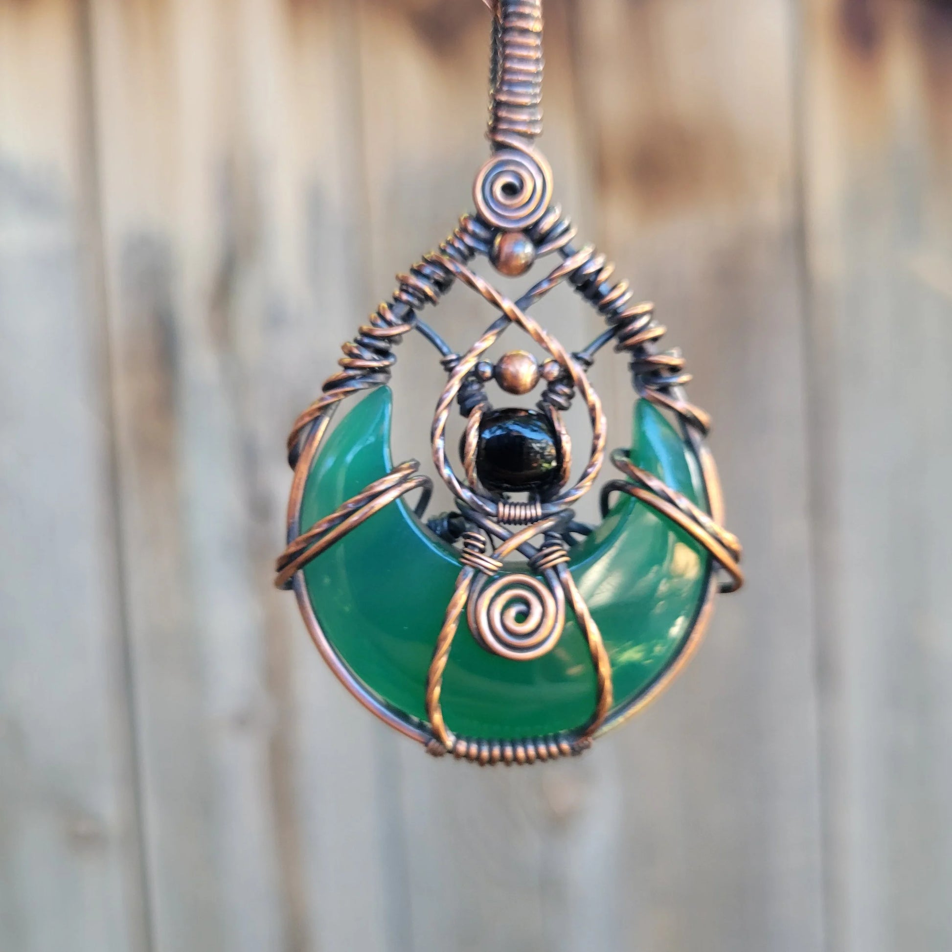 Handcrafted Black Onyx and Green Onyx Oxidized Copper Moon Pendant Necklace — side view