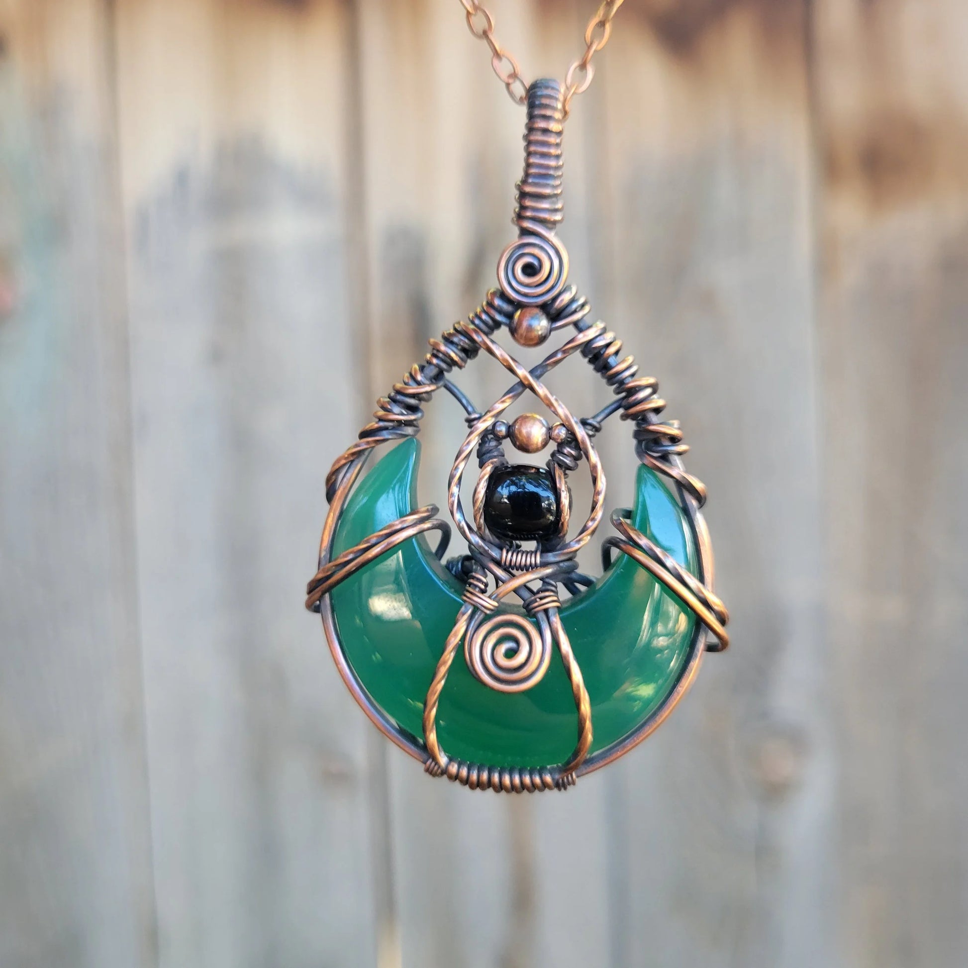 Handcrafted Black Onyx and Green Onyx Oxidized Copper Moon Pendant Necklace — close-up