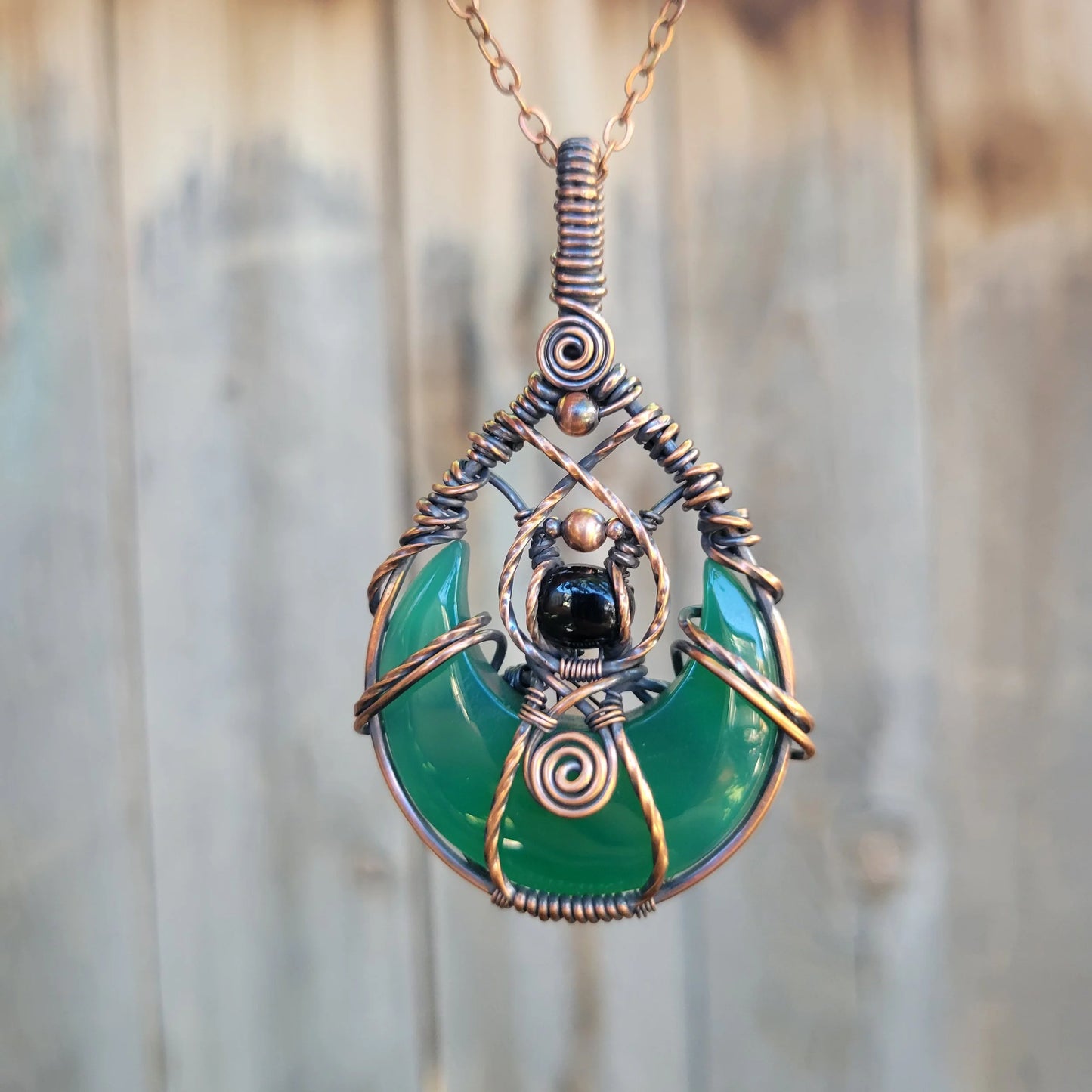 Handcrafted Black Onyx and Green Onyx Oxidized Copper Moon Pendant Necklace — detail view