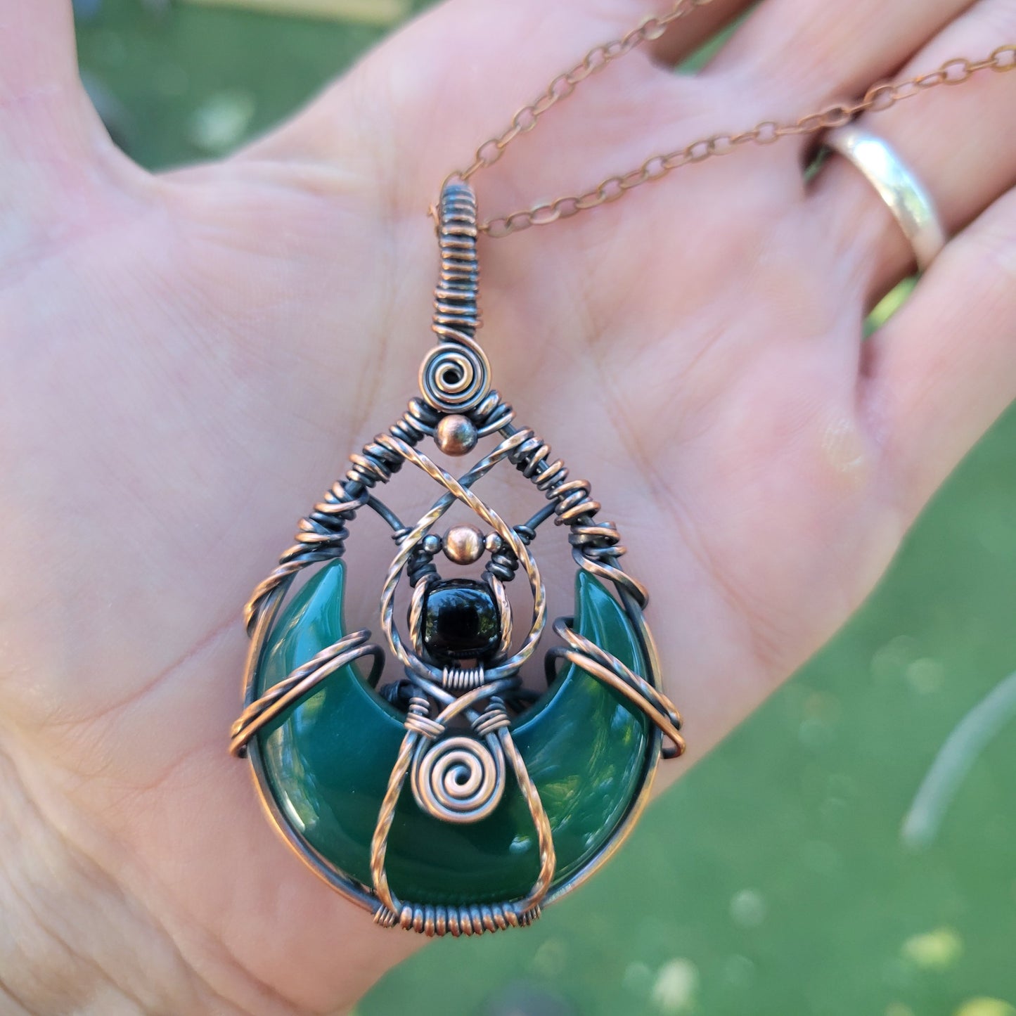 Handcrafted Black Onyx and Green Onyx Oxidized Copper Moon Pendant Necklace — product image 7