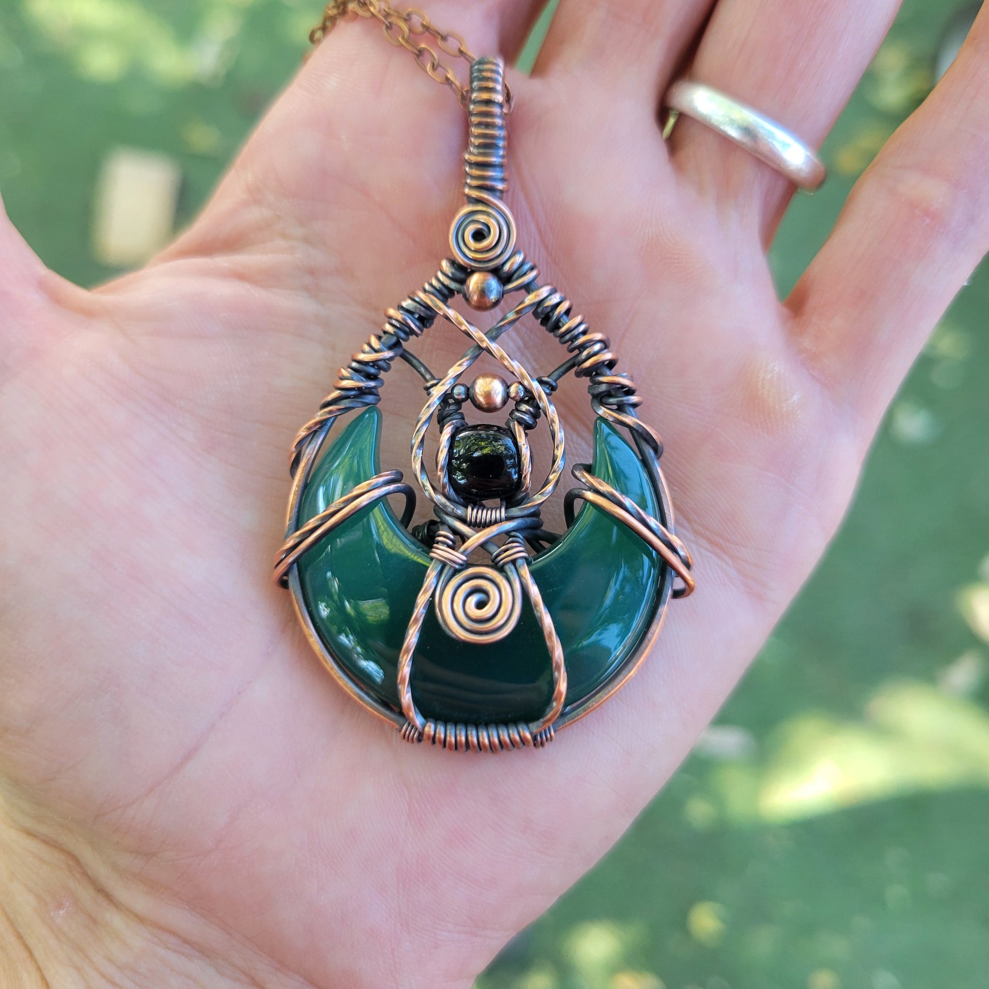 Handcrafted Black Onyx and Green Onyx Oxidized Copper Moon Pendant Necklace — reverse view