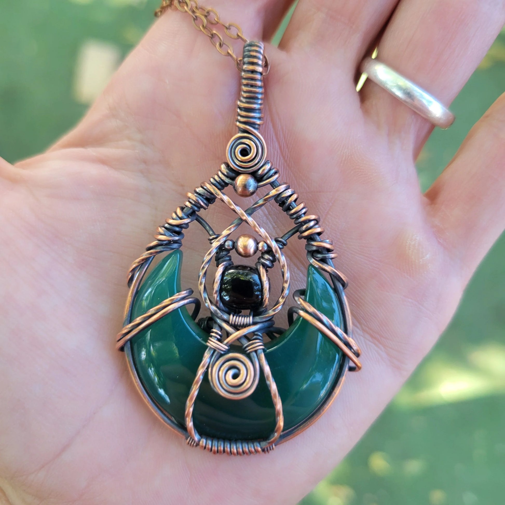 Handcrafted Black Onyx and Green Onyx Oxidized Copper Moon Pendant Necklace — product image 6