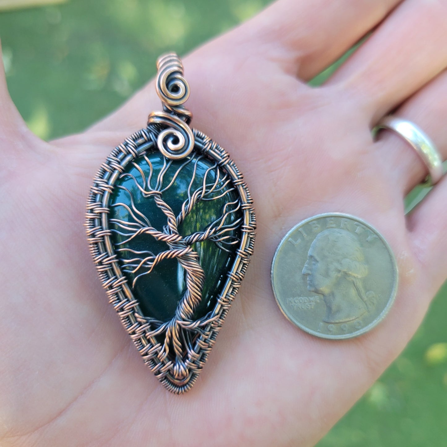Handcrafted Green Onyx Oxidized Copper Tree of Life Pendant Necklace — reverse view