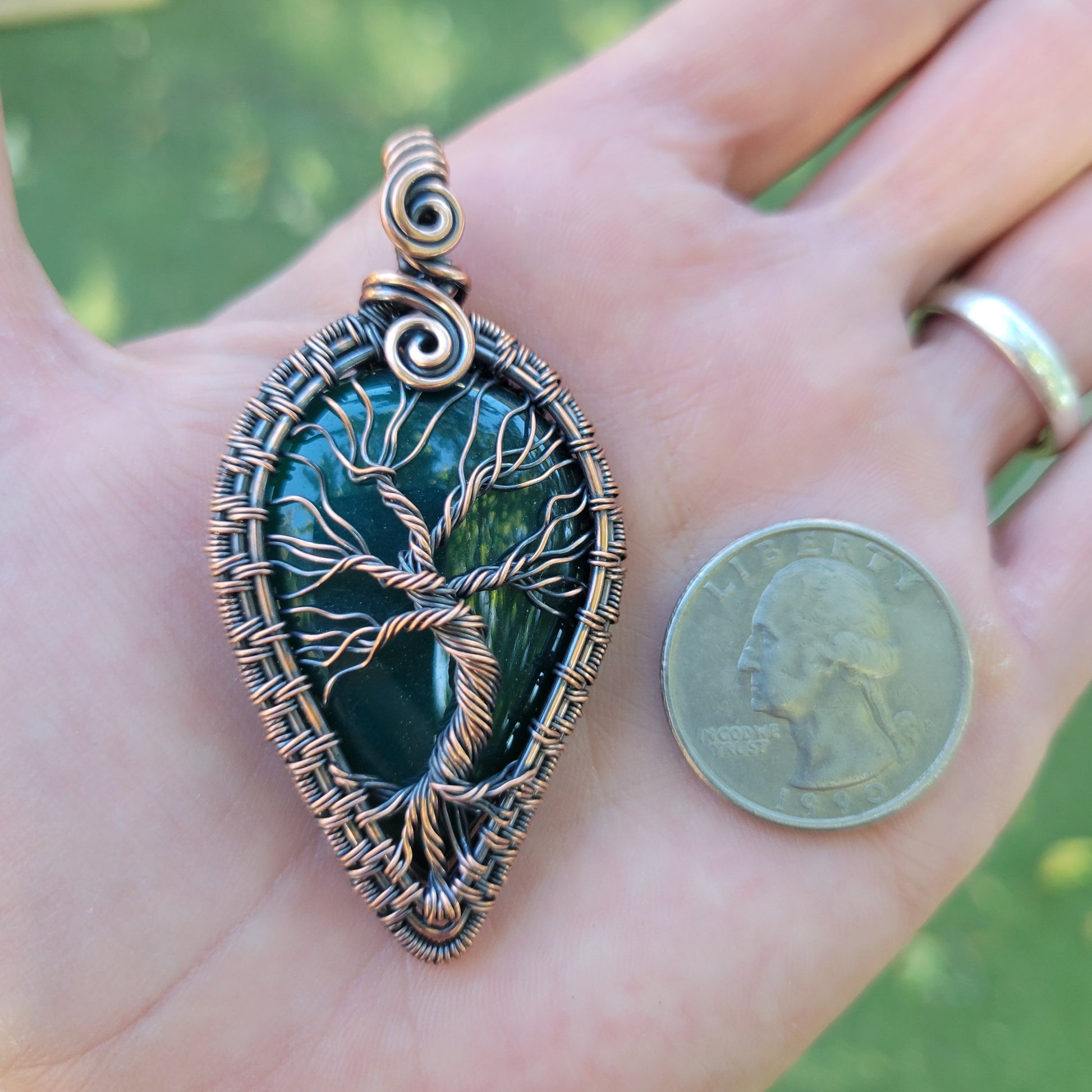 Handcrafted Green Onyx Oxidized Copper Tree of Life Pendant Necklace — reverse view