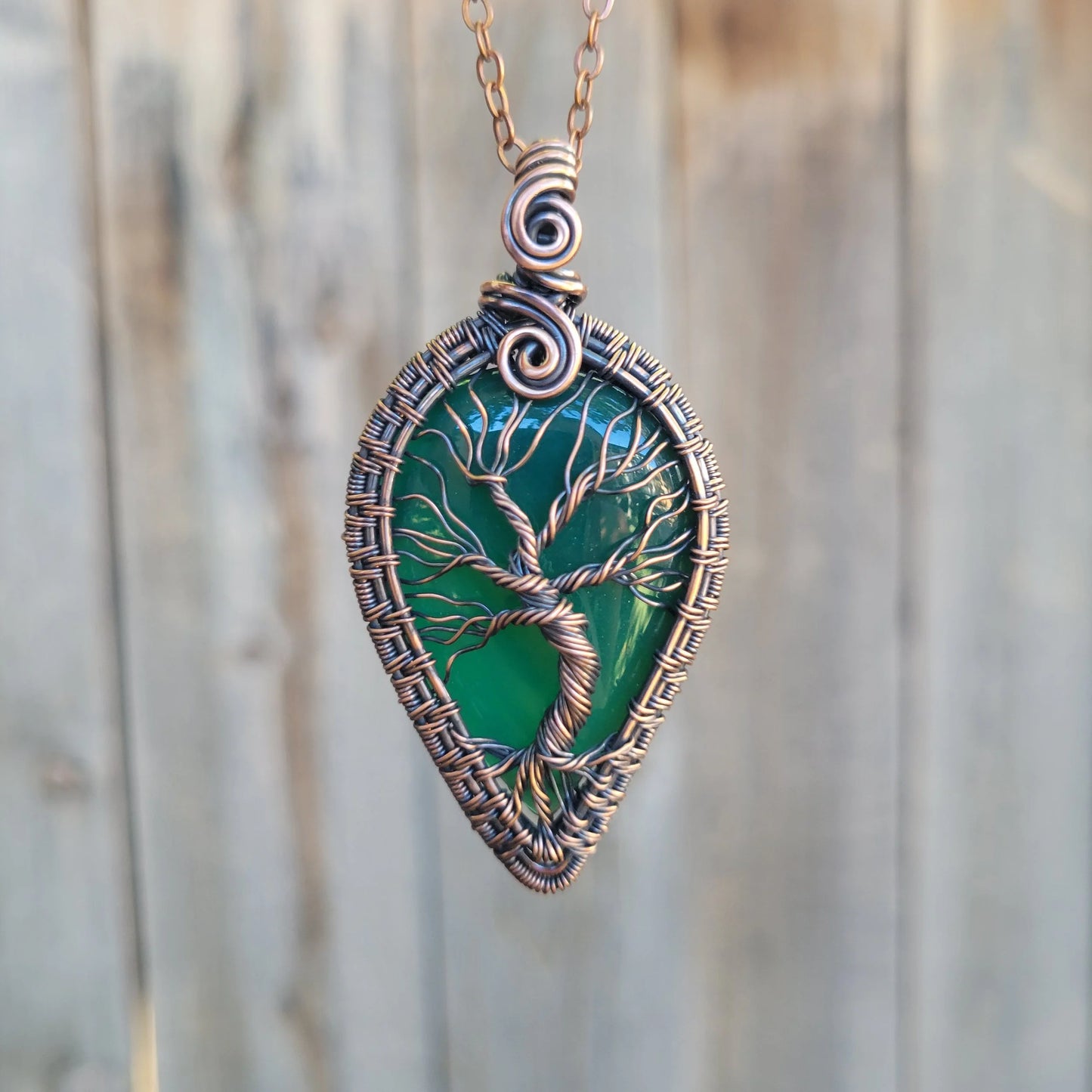 Handcrafted Green Onyx Oxidized Copper Tree of Life Pendant Necklace — close-up