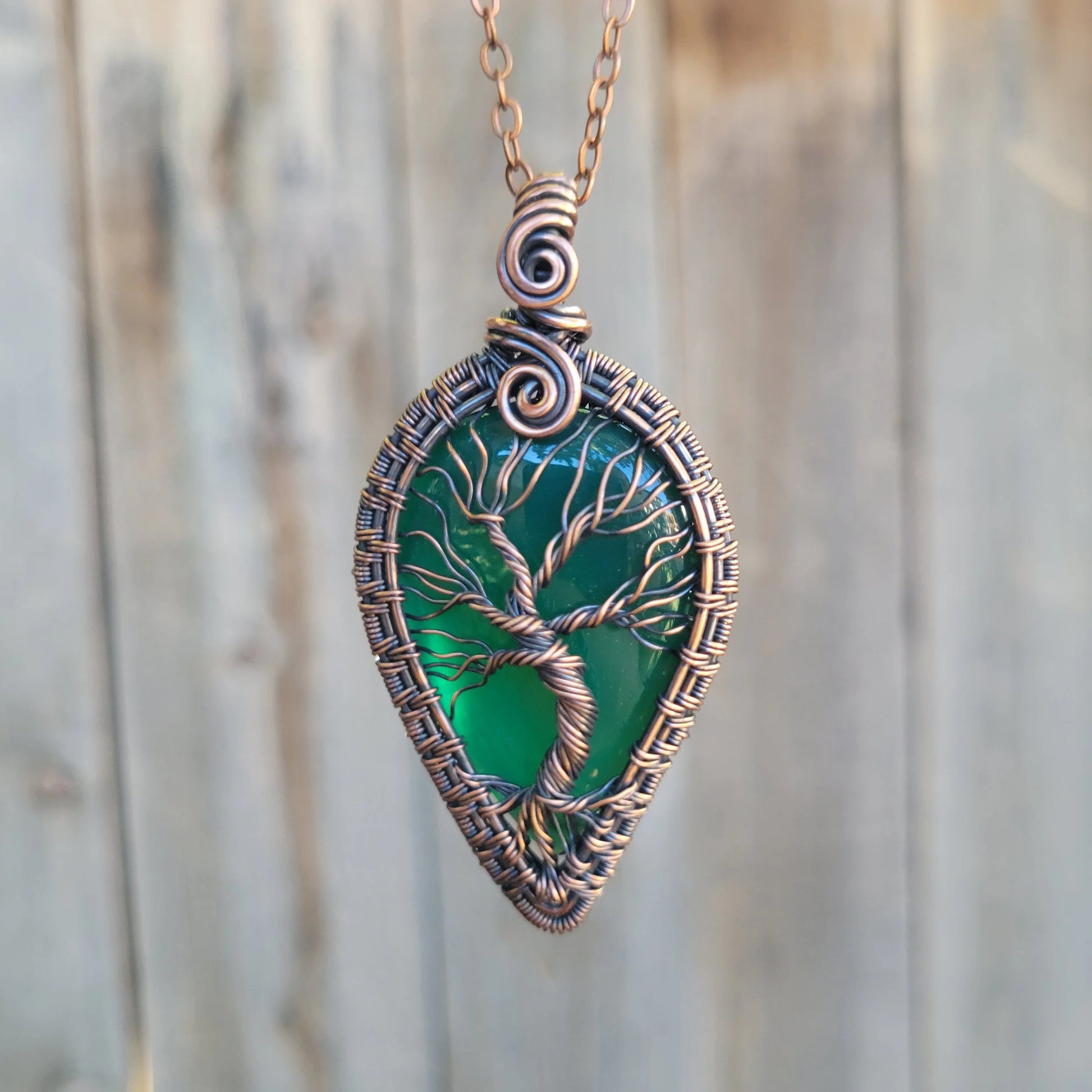 Handcrafted Green Onyx Oxidized Copper Tree of Life Pendant Necklace — side view