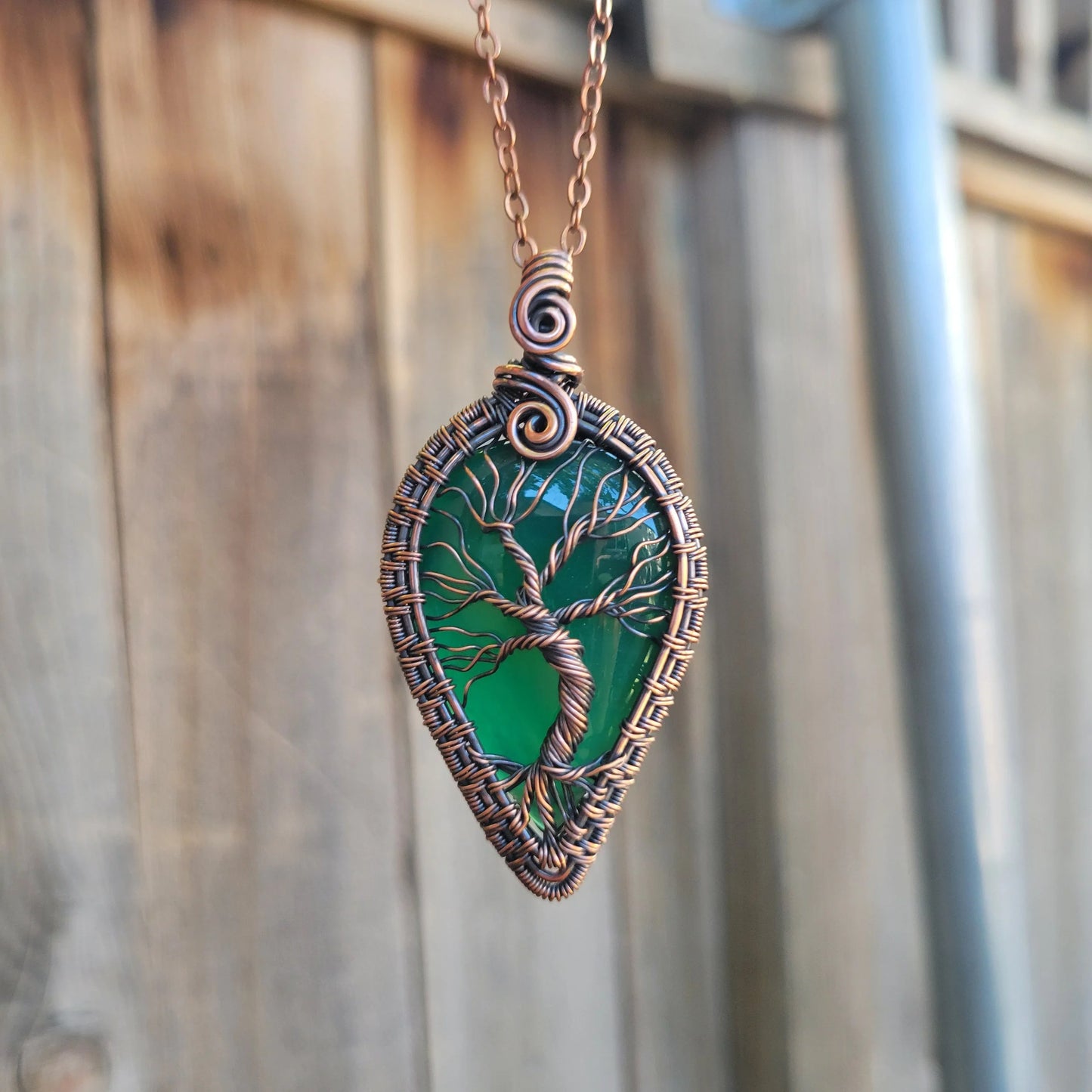 Handcrafted Green Onyx Oxidized Copper Tree of Life Pendant Necklace — detail view