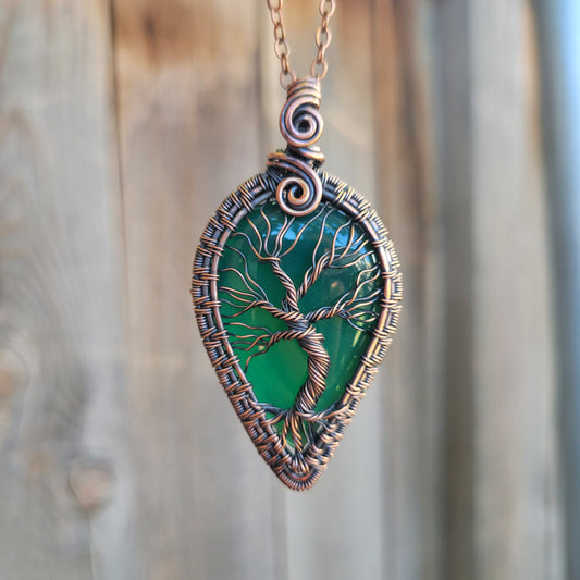 Handcrafted Green Onyx Oxidized Copper Tree of Life Pendant Necklace — front view
