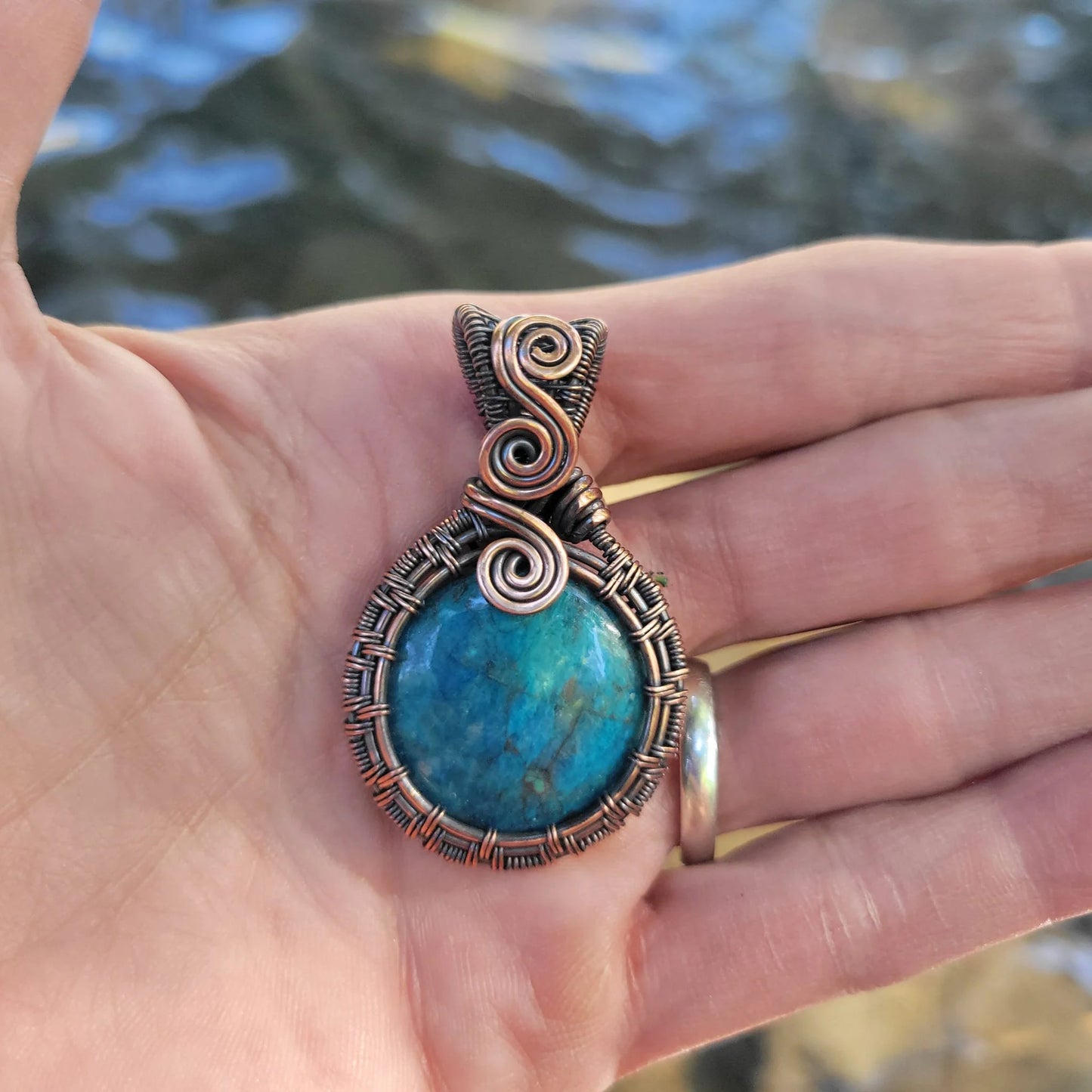 Handcrafted Blue Apatite Copper Pendant Necklace — detail view