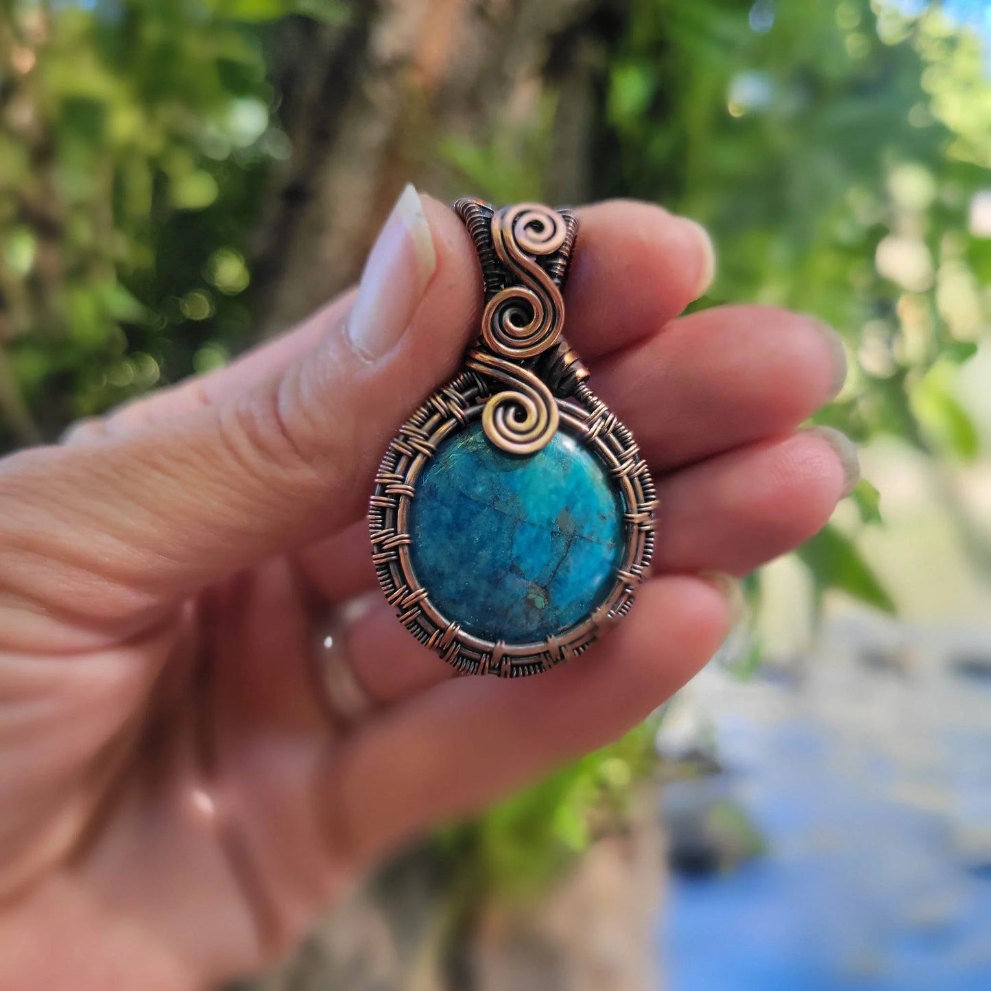 Handcrafted Blue Apatite Copper Pendant Necklace — side view