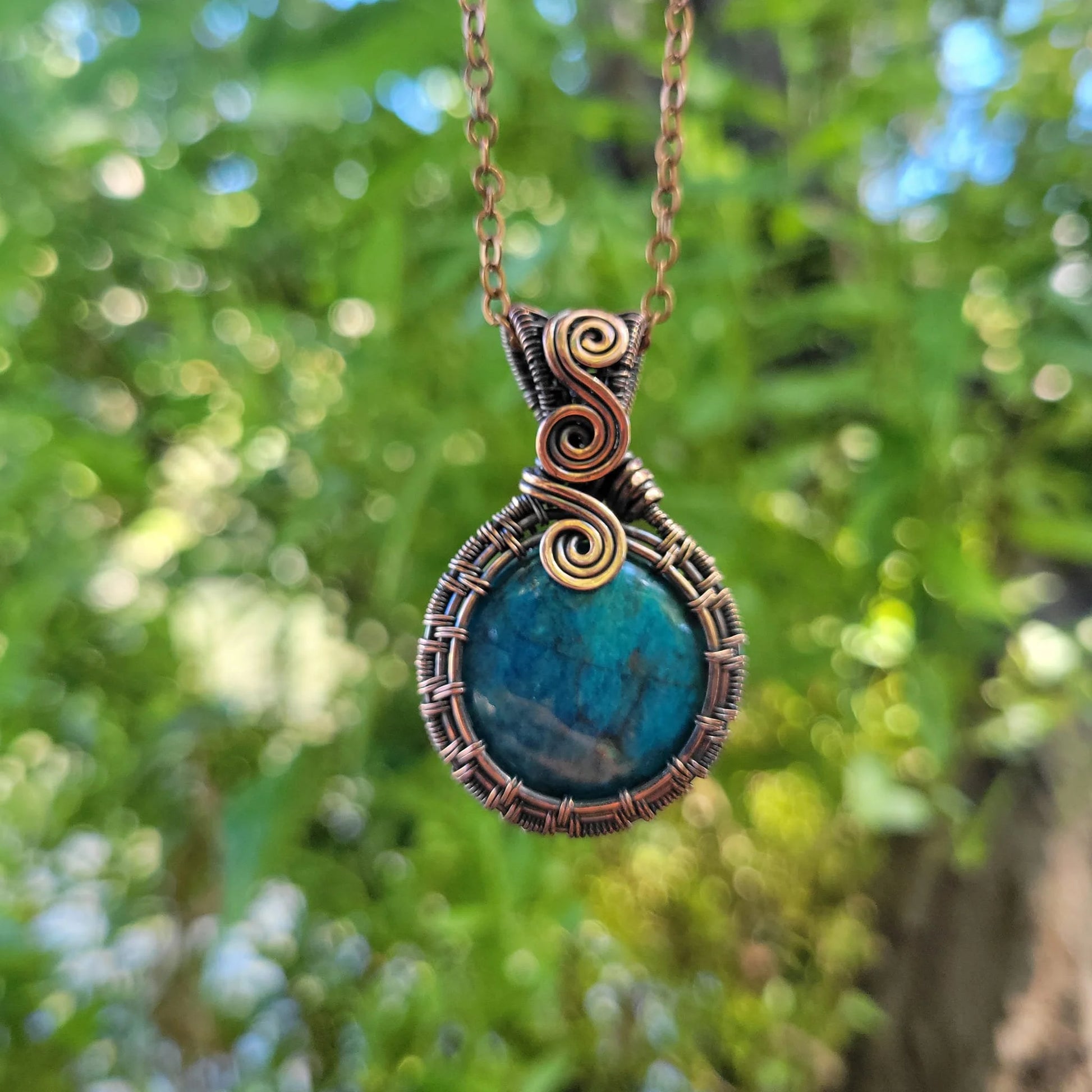 Handcrafted Blue Apatite Copper Pendant Necklace — close-up