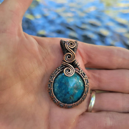 Handcrafted Blue Apatite Copper Pendant Necklace — front view