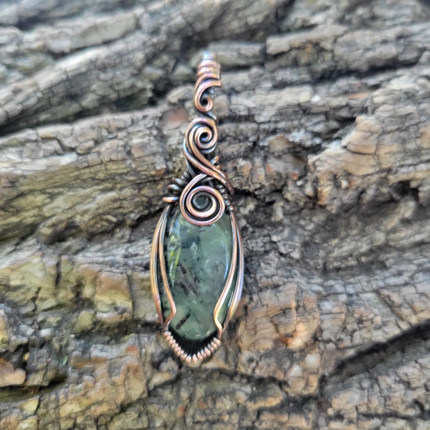 Handcrafted Prehnite Copper Pendant Necklace — side view