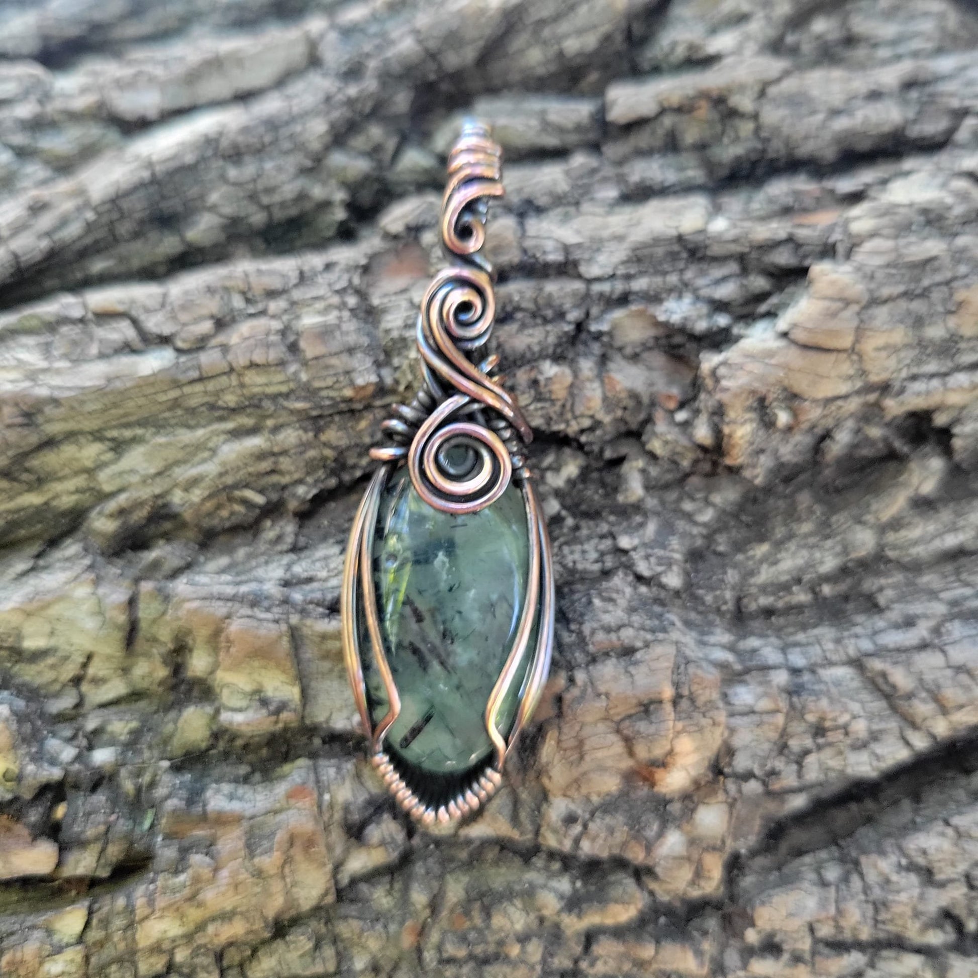 Handcrafted Prehnite Copper Pendant Necklace — side view