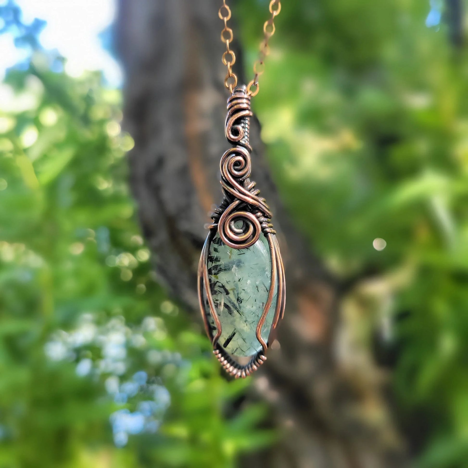 Handcrafted Prehnite Copper Pendant Necklace — close-up