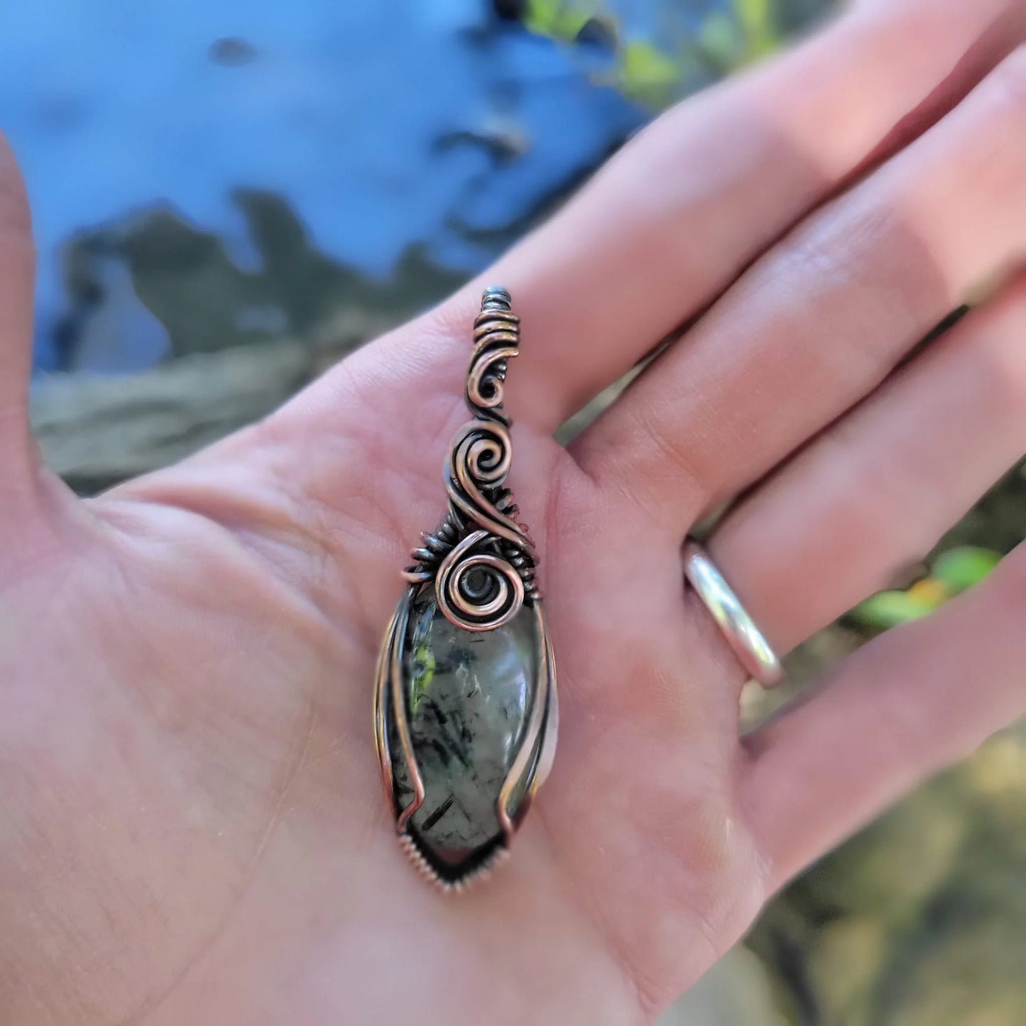 Handcrafted Prehnite Copper Pendant Necklace — detail view