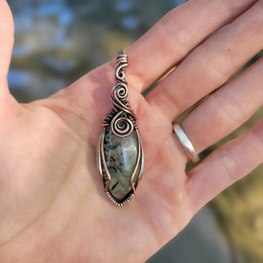 Handcrafted Prehnite Copper Pendant Necklace — front view