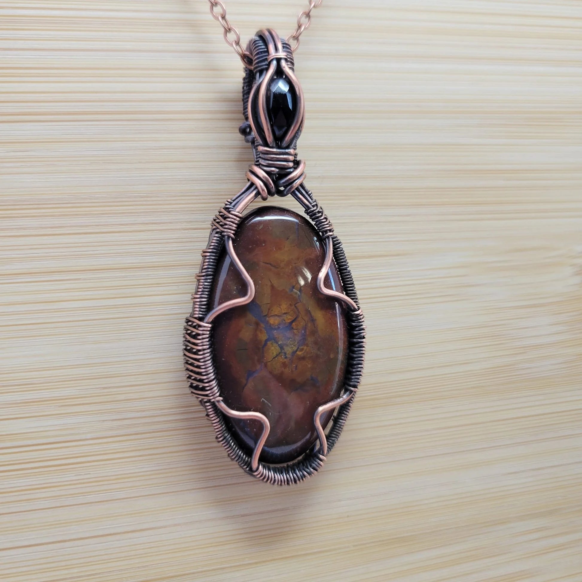 Handcrafted Red Jasper Copper Pendant Necklace — detail view